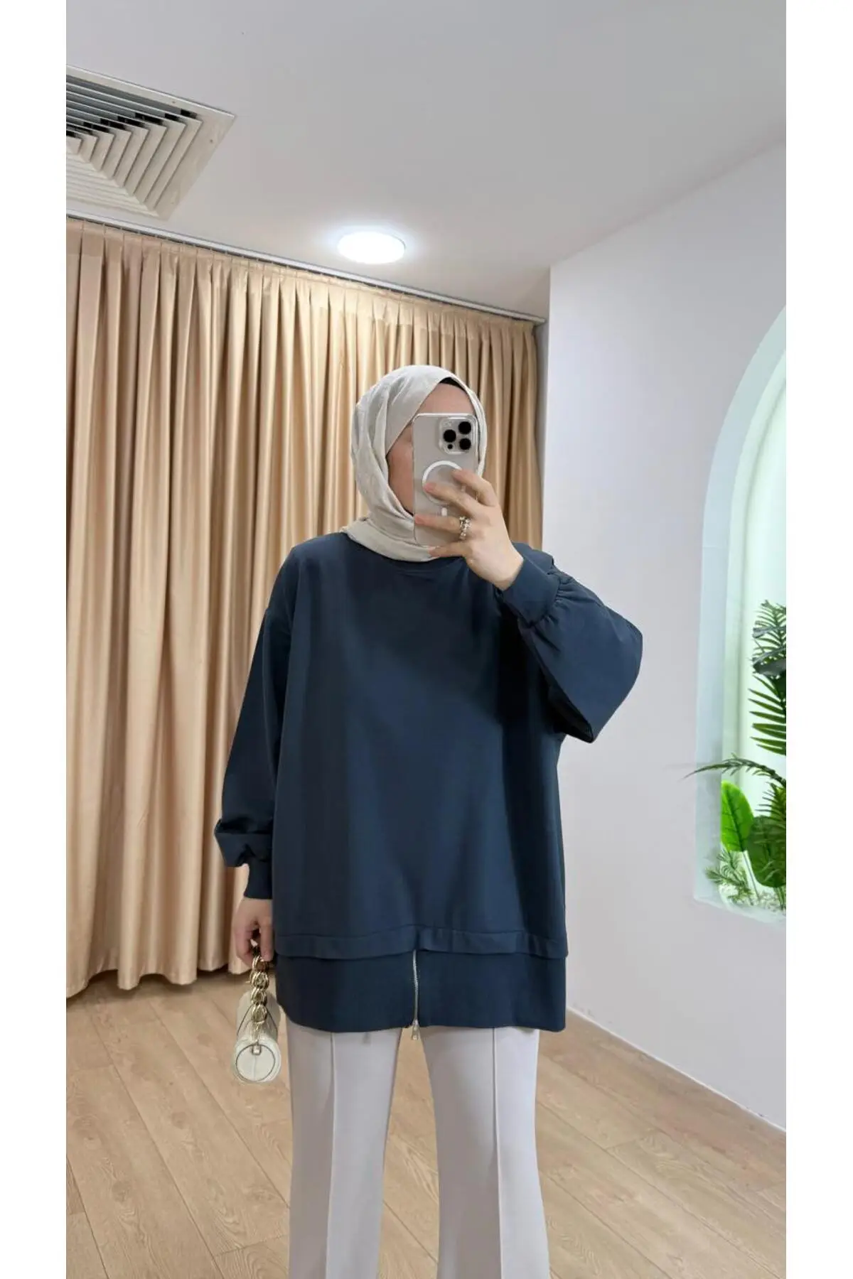 6284 - Rahat, Salaş Fermuar Detaylı 2 İplik Kadın Uzun Sweatshirt - Füme