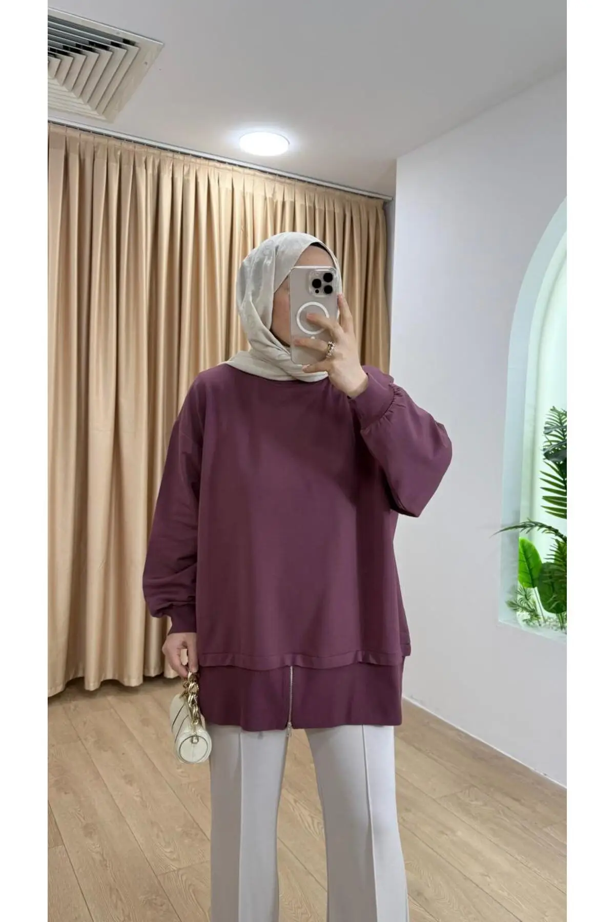 6284 - Rahat, Salaş Fermuar Detaylı 2 İplik Kadın Uzun Sweatshirt - Mürdüm