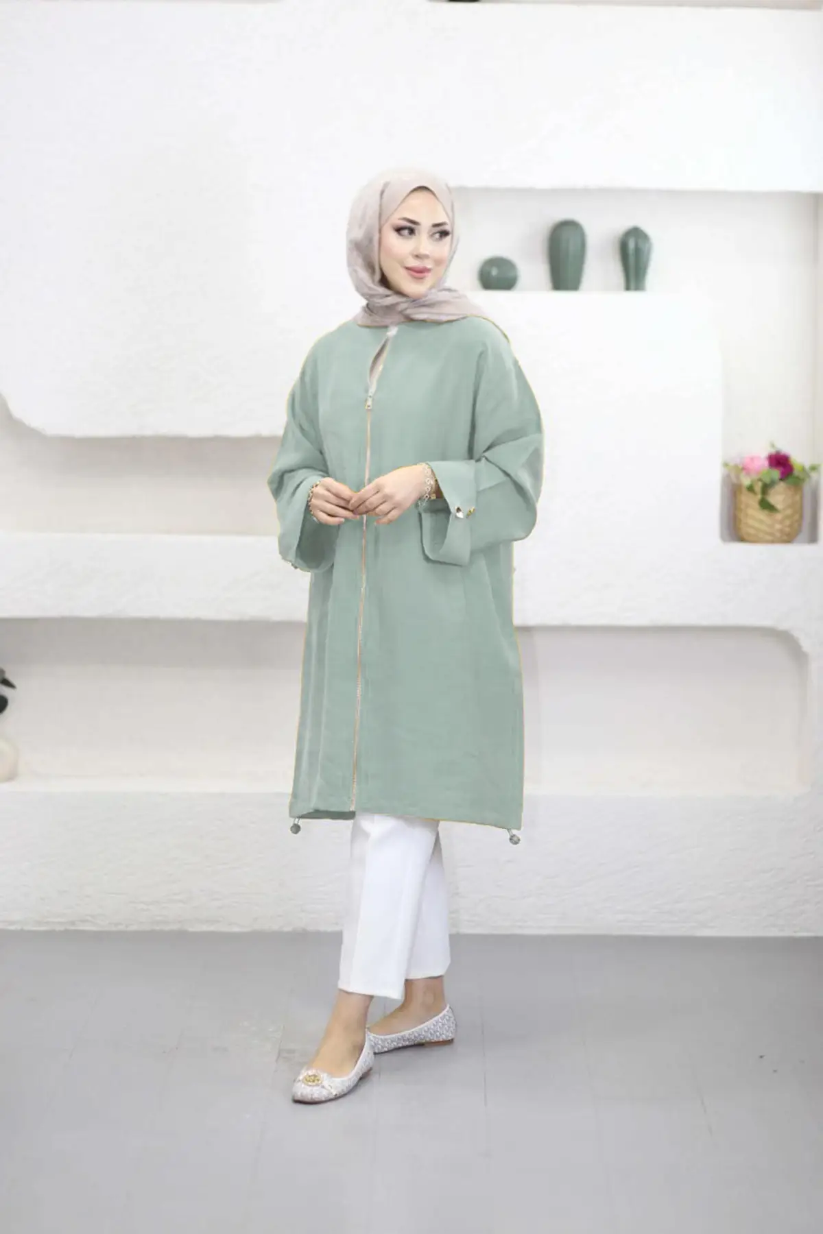 6346 - Rahat Fermuarlı Cepli Kol Düğme Detaylı Uzun Tunik - Mint