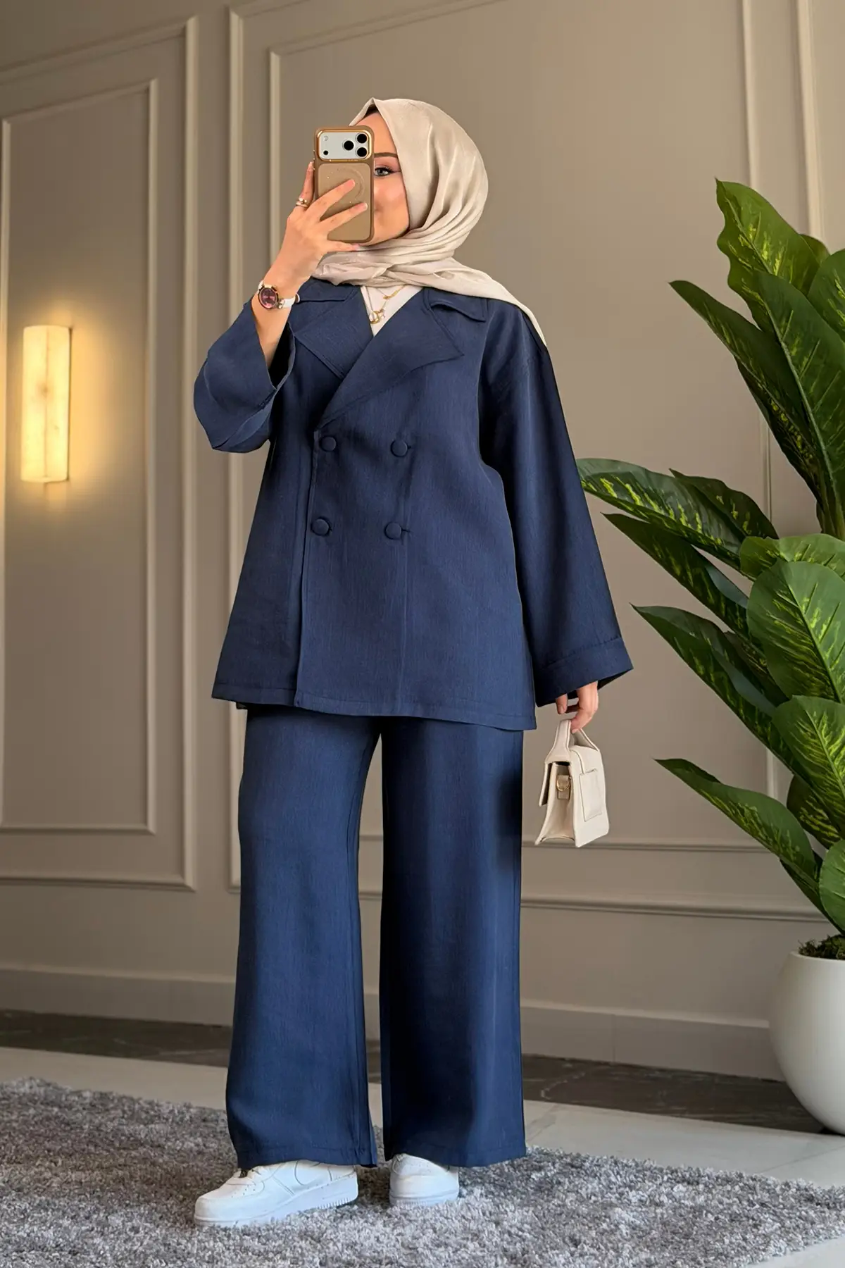 6398 - Şık Rahat Modal Yumuşak Dokuma Kumaş Salaş Kadın Takımı - Lacivert