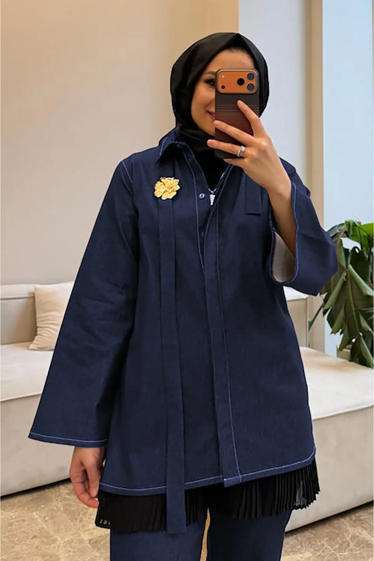 6399 - Şık Rahat İnce Kumaş Kemerli Kadın Gabardin Kot Pantolon Gömlek Takımı - Lacivert