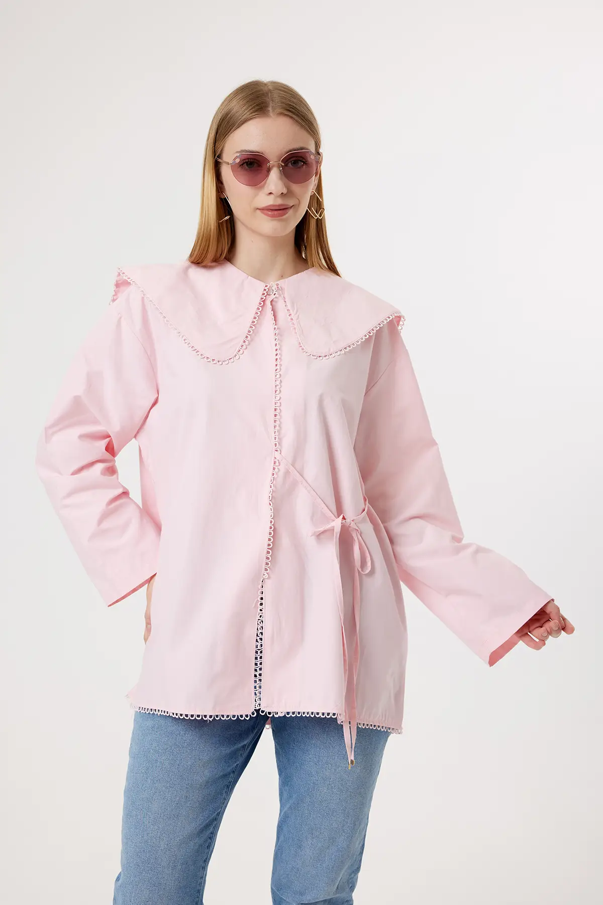 6410 - Rahat Şık Poplin Denizci Yaka Kadın Gömlek - Pembe
