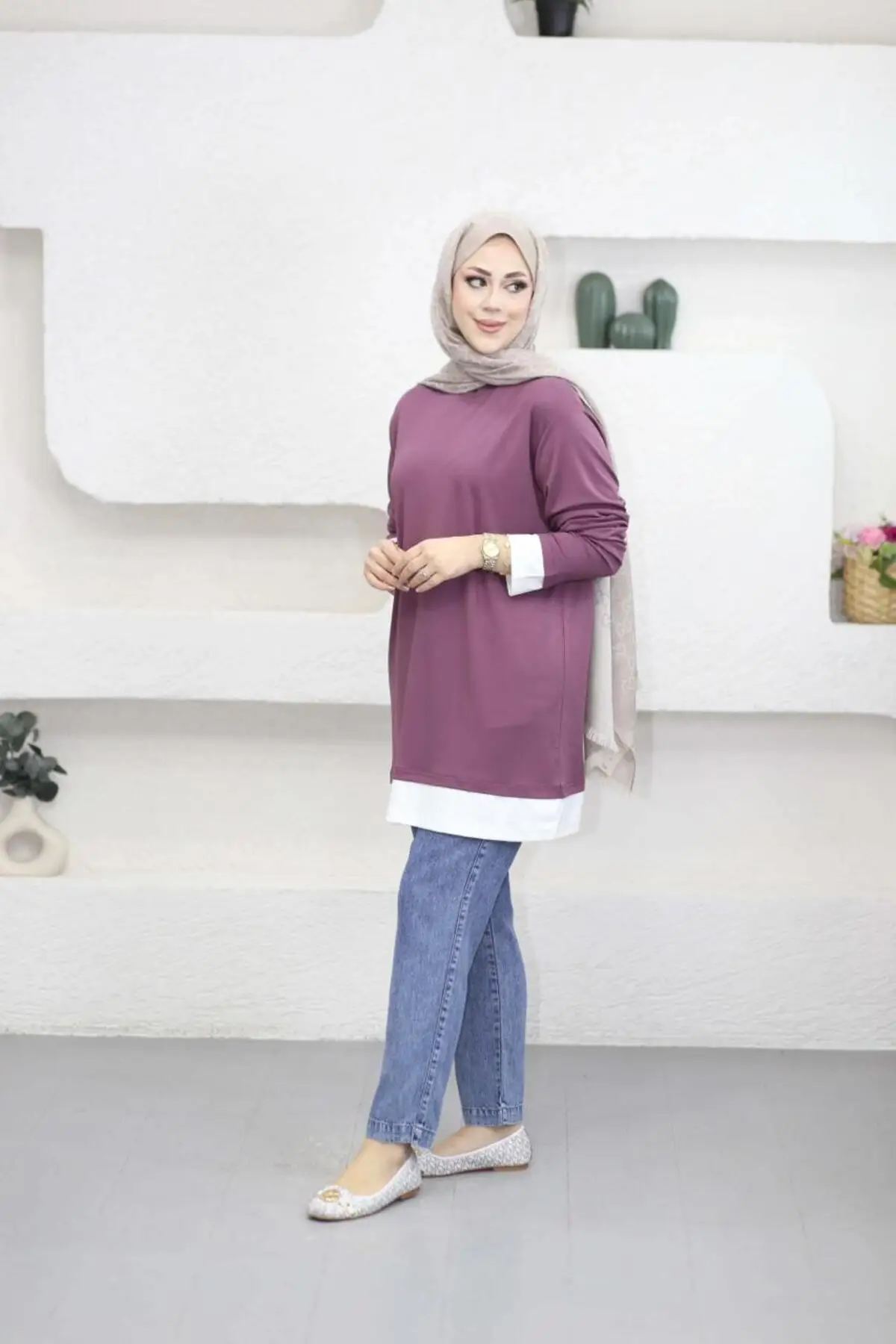 6447 - Rahat, Salaş Lina Basic Kadın Uzun Sweatshirt - Mürdüm