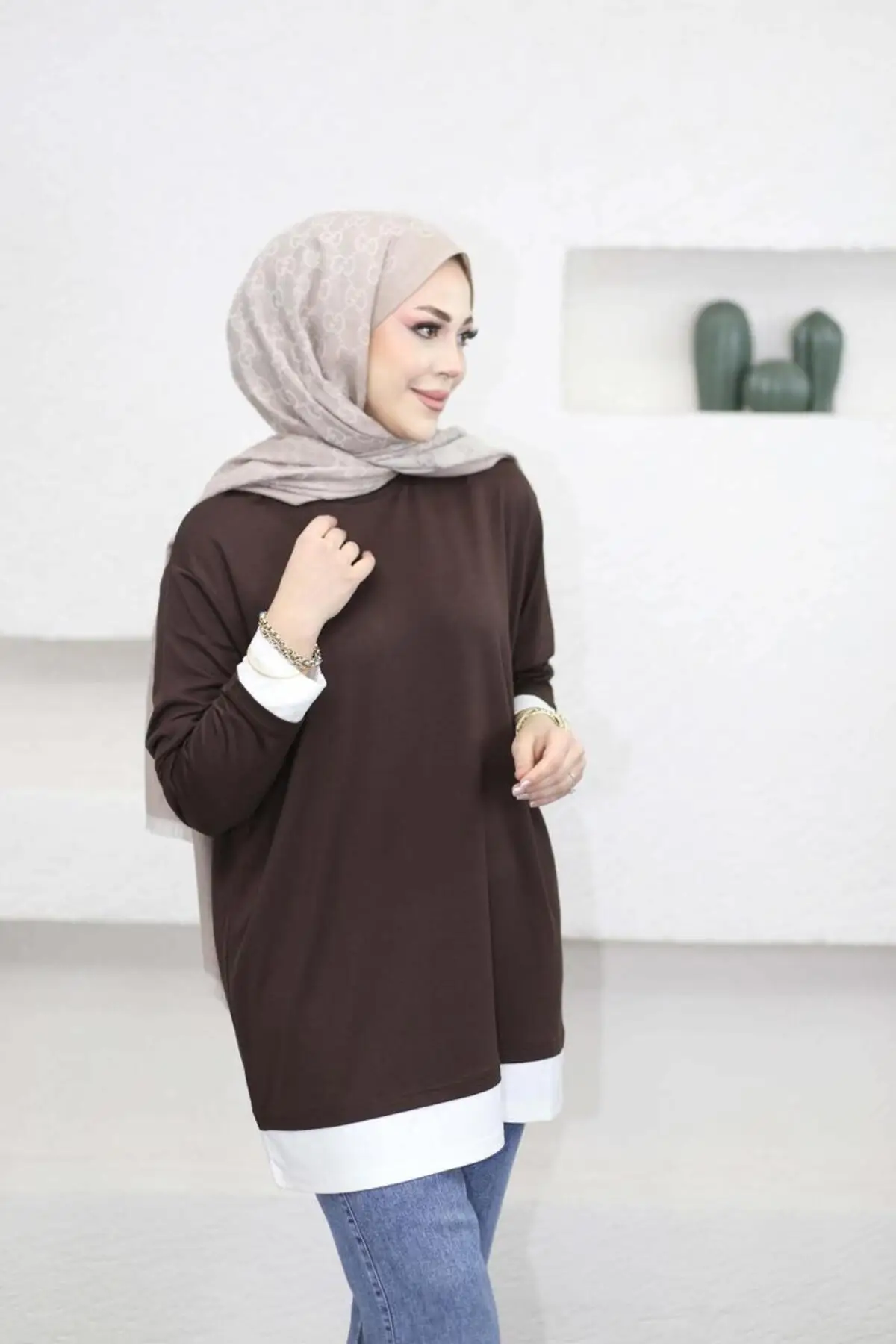 6447 - Rahat, Salaş Lina Basic Kadın Uzun Sweatshirt - Kahverengi