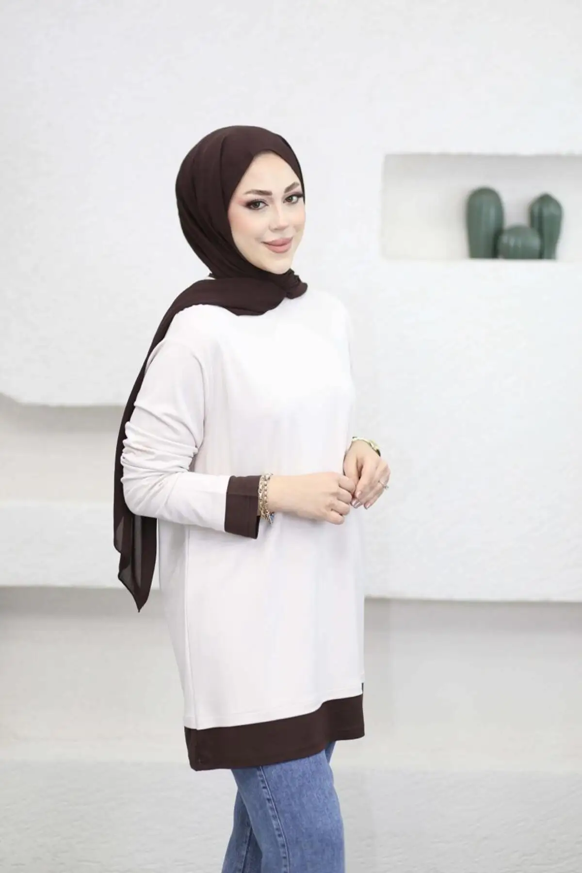 6447 - Rahat, Salaş Lina Basic Kadın Uzun Sweatshirt - Bej