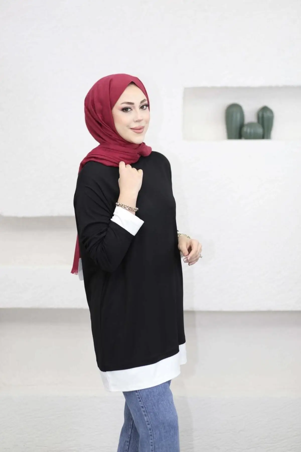 6447 - Rahat, Salaş Lina Basic Kadın Uzun Sweatshirt - Siyah