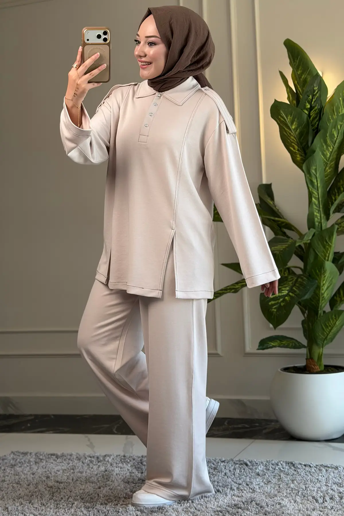 6462 - Şık Rahat Viskon Yumuşak İnterlok Kumaş, Polo Yaka Kadın Takım