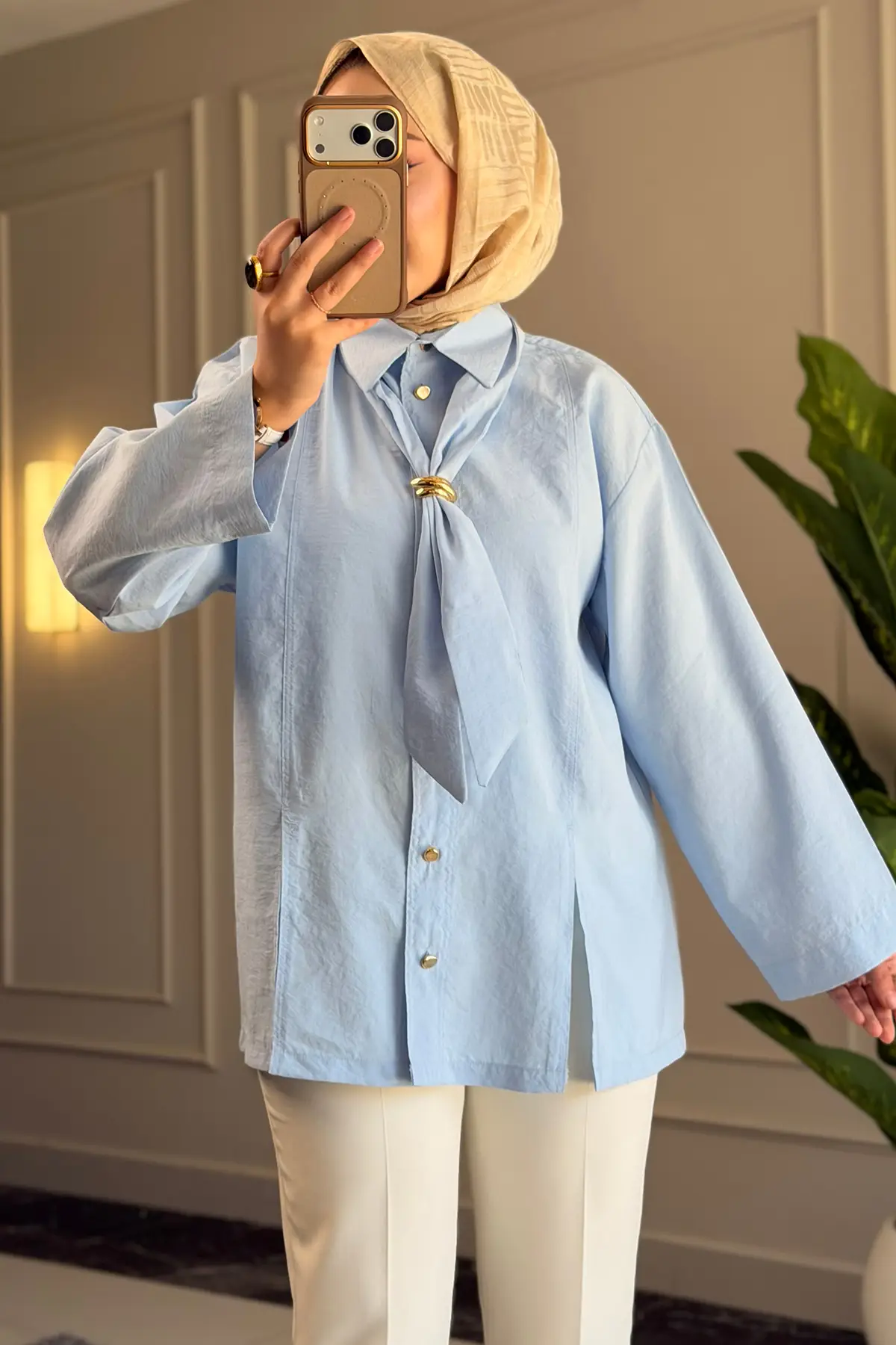 6463 - Şık Rahat Kravat Detaylı Dokuma Şeftali Kumaş Kadın Gömlek - Bebe Mavi