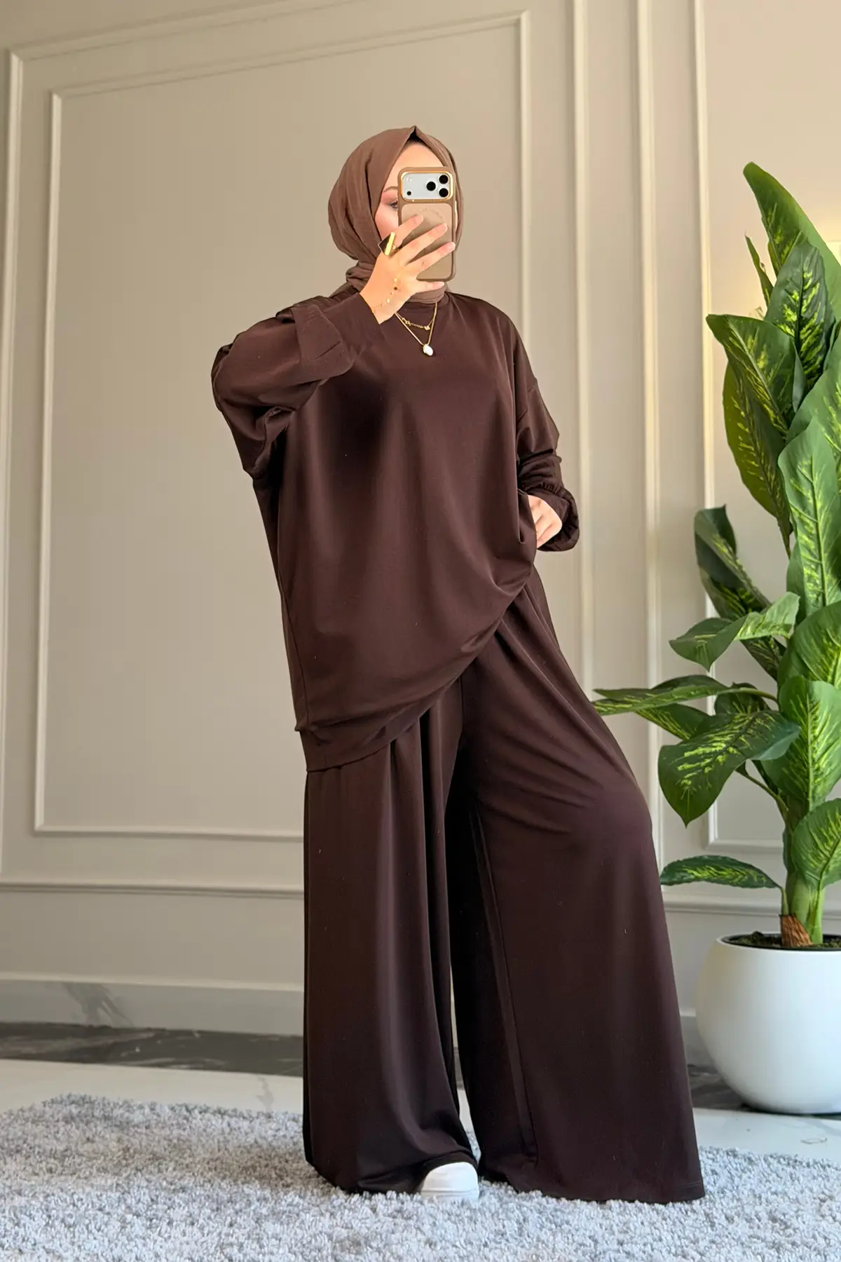 6578 - Oversize Rahat-Şık Vanizeli Modal Süprem Örgü Kumaş - Salaş Kadın Alt Üst Takımı - Kahverengi