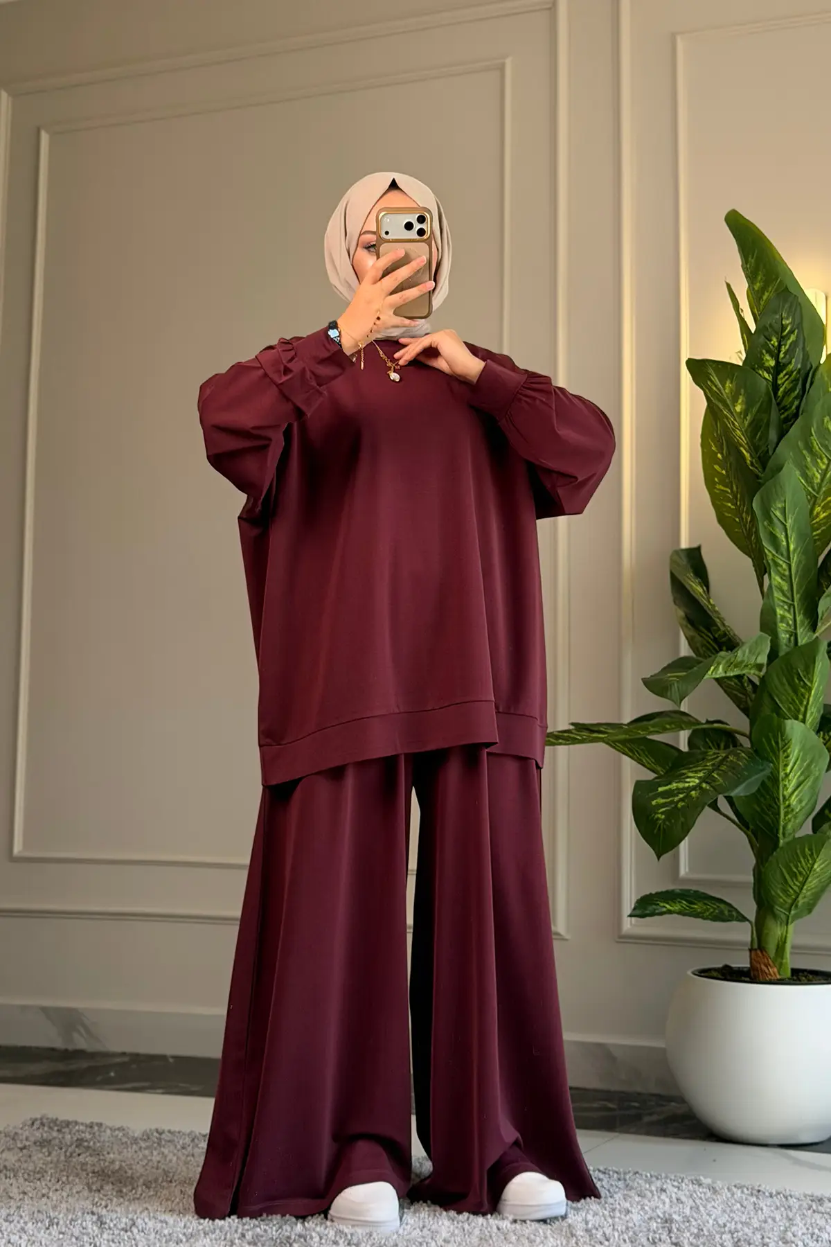 6578 - Oversize Rahat-Şık Vanizeli Modal Süprem Örgü Kumaş - Salaş Kadın Alt Üst Takımı - Bordo