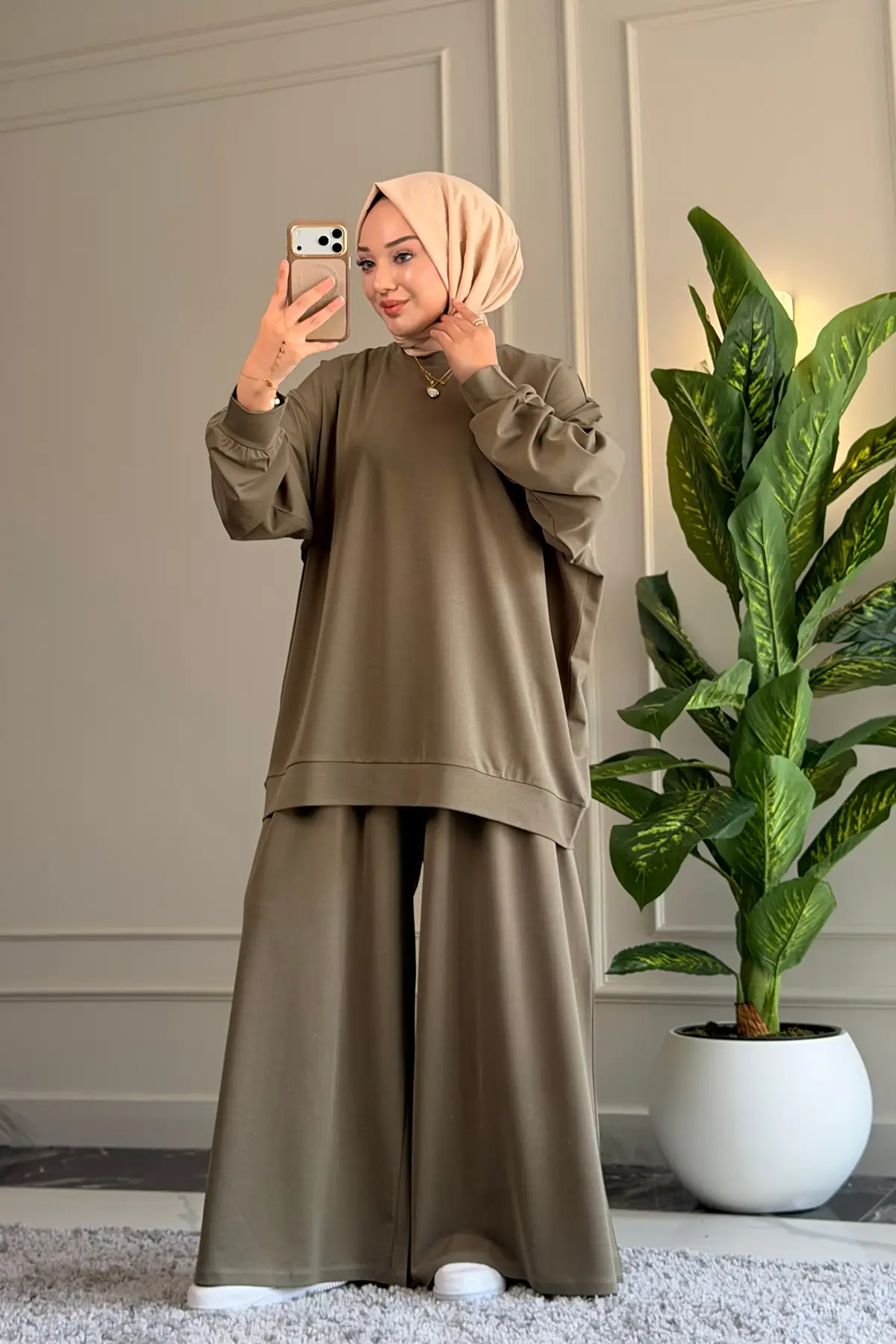 6578 - Oversize Rahat-Şık Vanizeli Modal Süprem Örgü Kumaş - Salaş Kadın Alt Üst Takımı - Haki