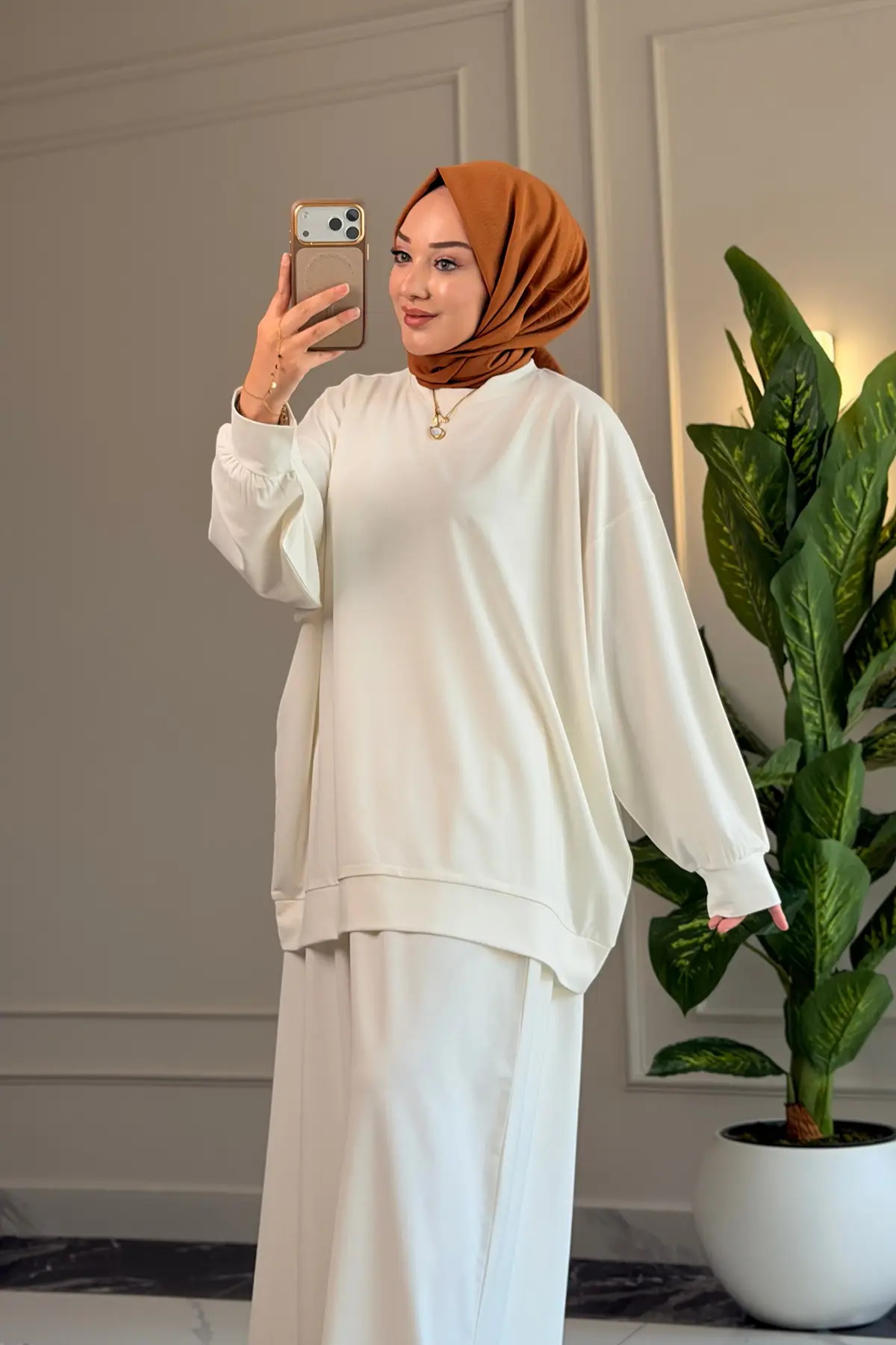 6578 - Oversize Rahat-Şık Vanizeli Modal Süprem Örgü Kumaş - Salaş Kadın Alt Üst Takımı - Beyaz