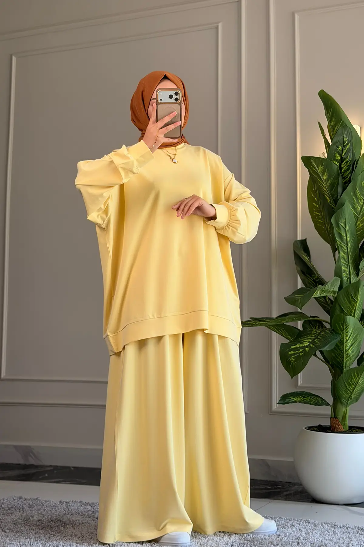 6578 - Oversize Rahat-Şık Vanizeli Modal Süprem Örgü Kumaş - Salaş Kadın Alt Üst Takımı - Sarı