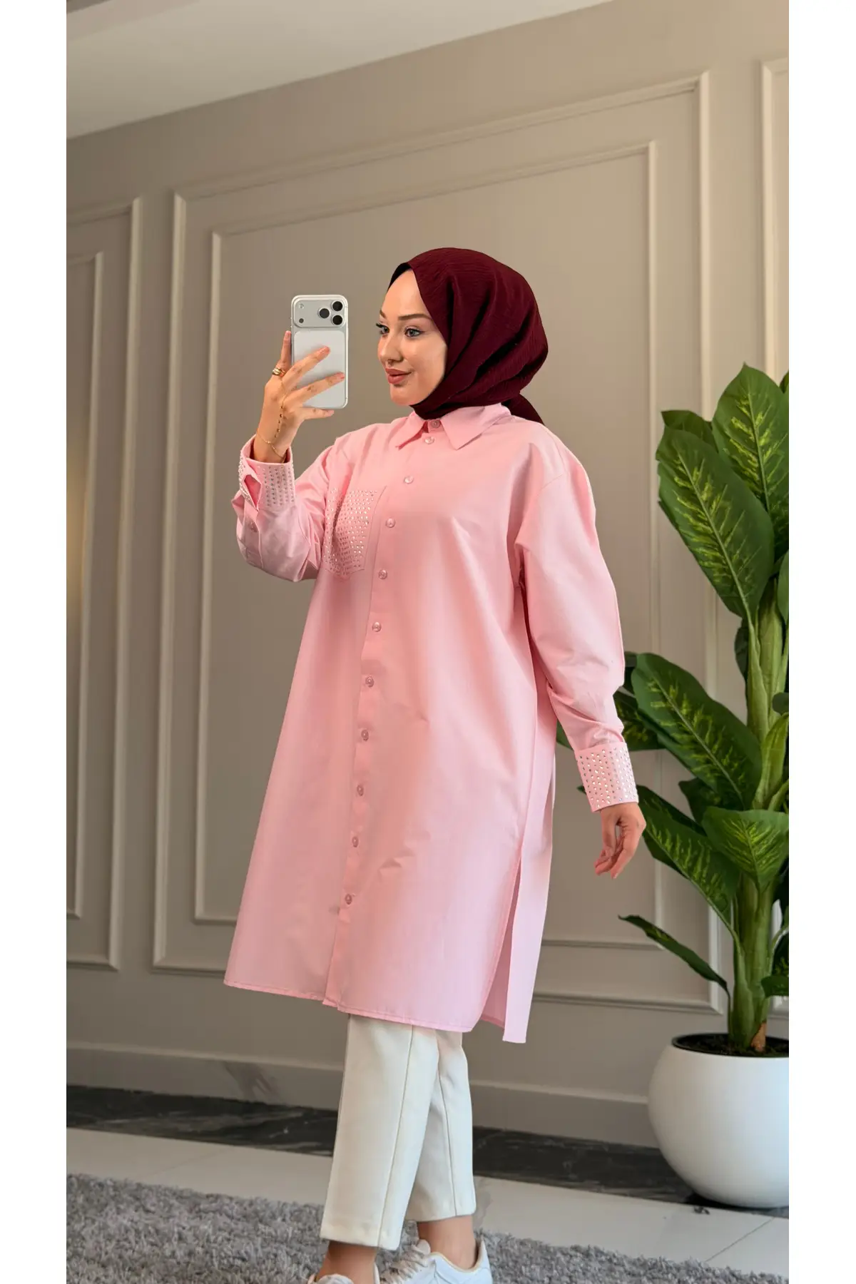 6594 - Şık Rahat Kol Manşet ve Cep Taş Detaylı Dokuma Yumuşak Kumaş Kadın Poplin Gömlek-Tunik - Pembe