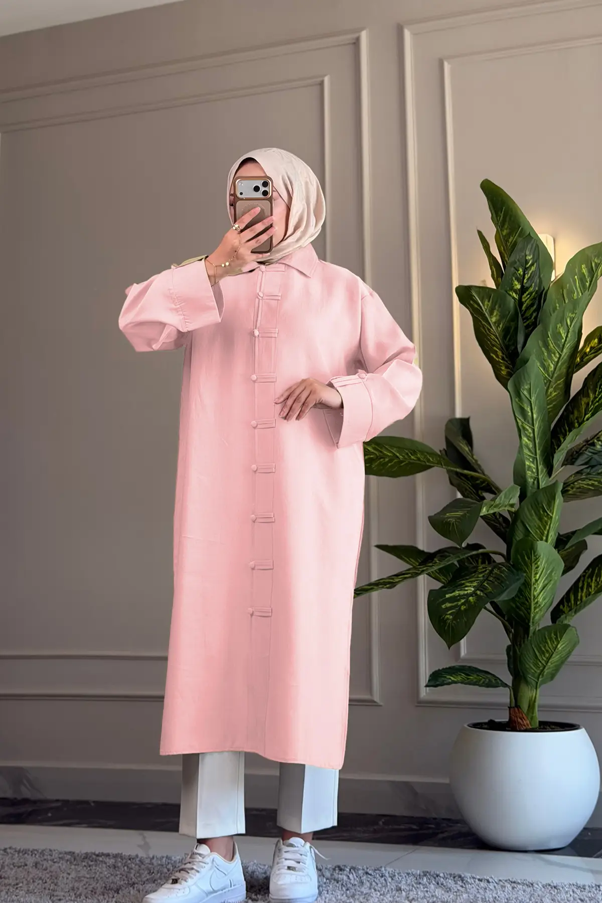 6596 - Rahat Şık Fermuarlı Yumuşak Modal Kumaş Uzun Kadın Tunik - Pembe