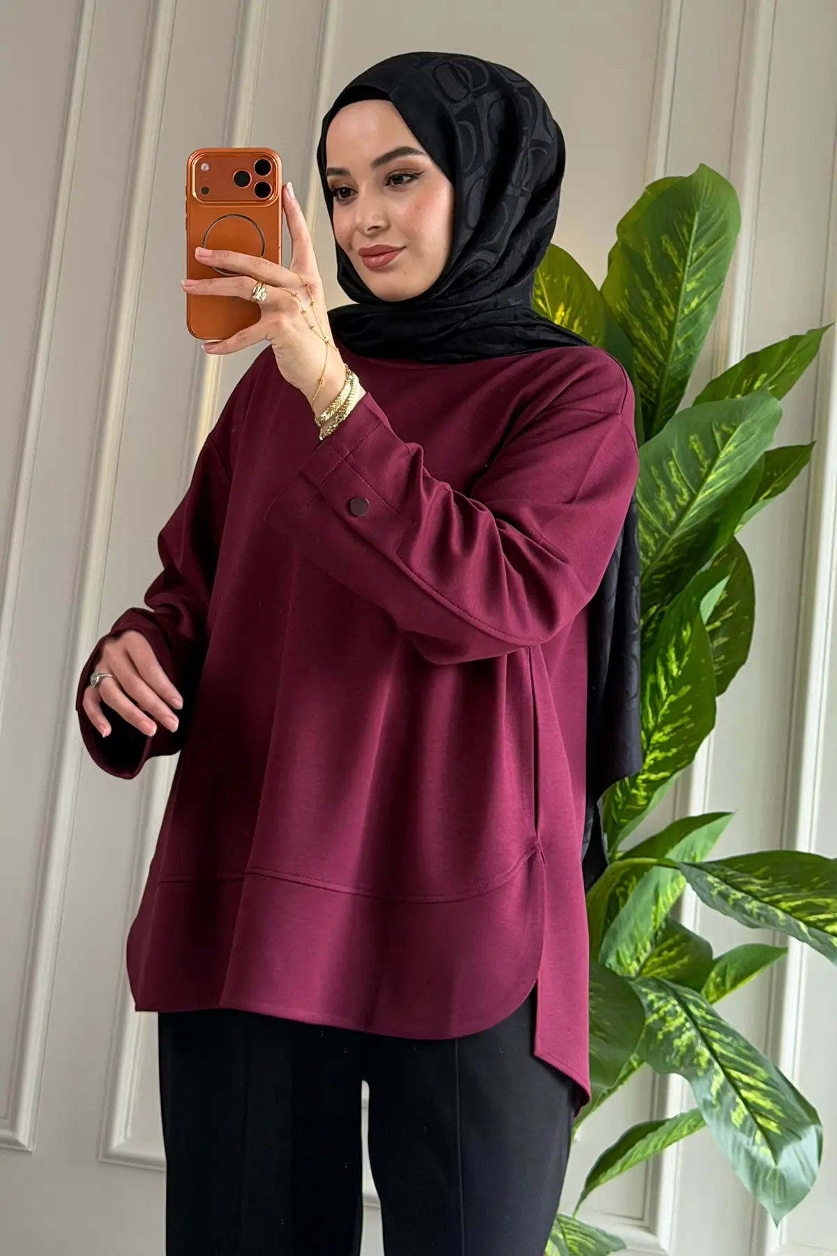 6656 - Rahat, Salaş Basic Kol Düğme Detaylı Kadın Uzun Sweatshirt