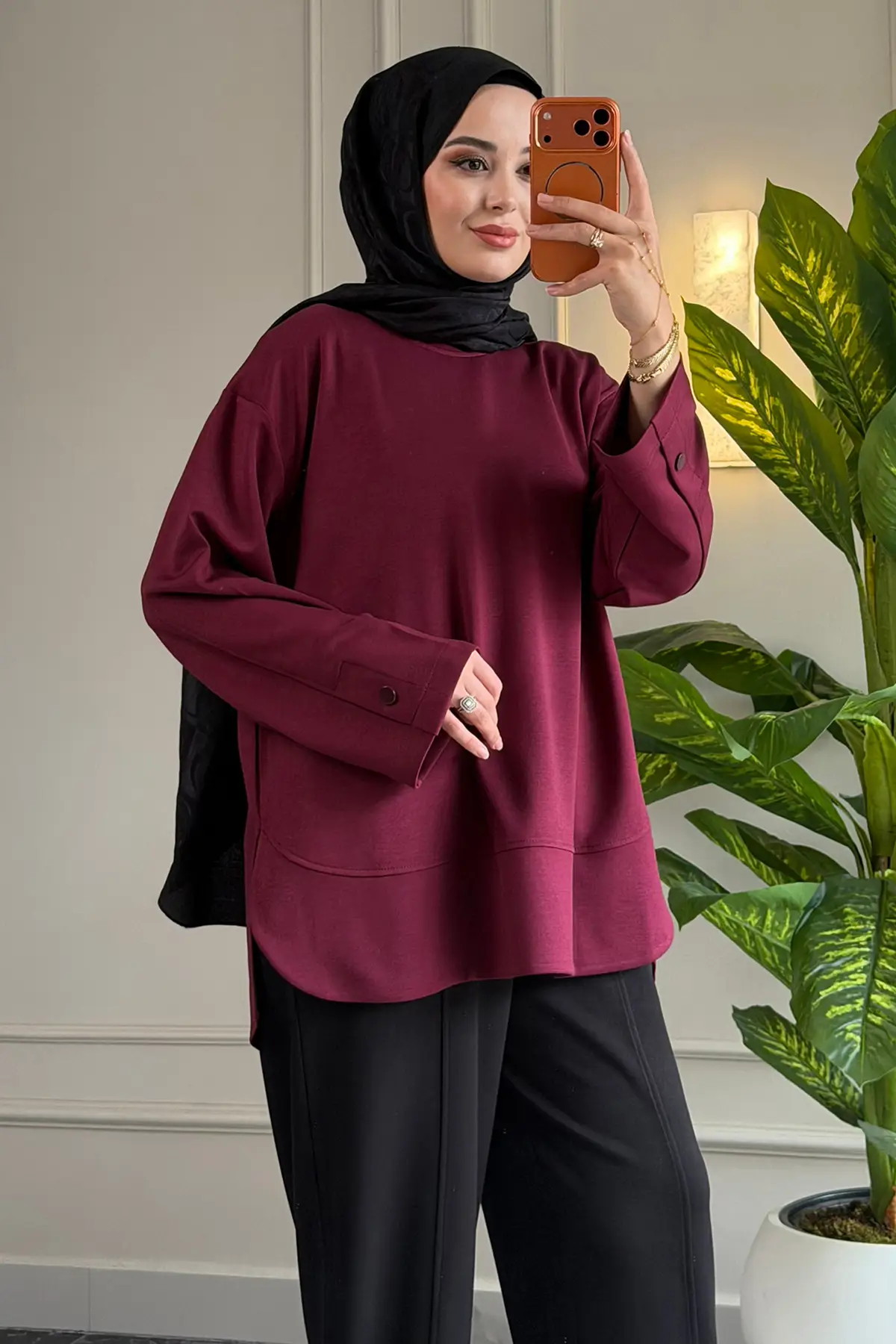6656 - Rahat, Salaş Basic Kol Düğme Detaylı Kadın Uzun Sweatshirt - Bordo