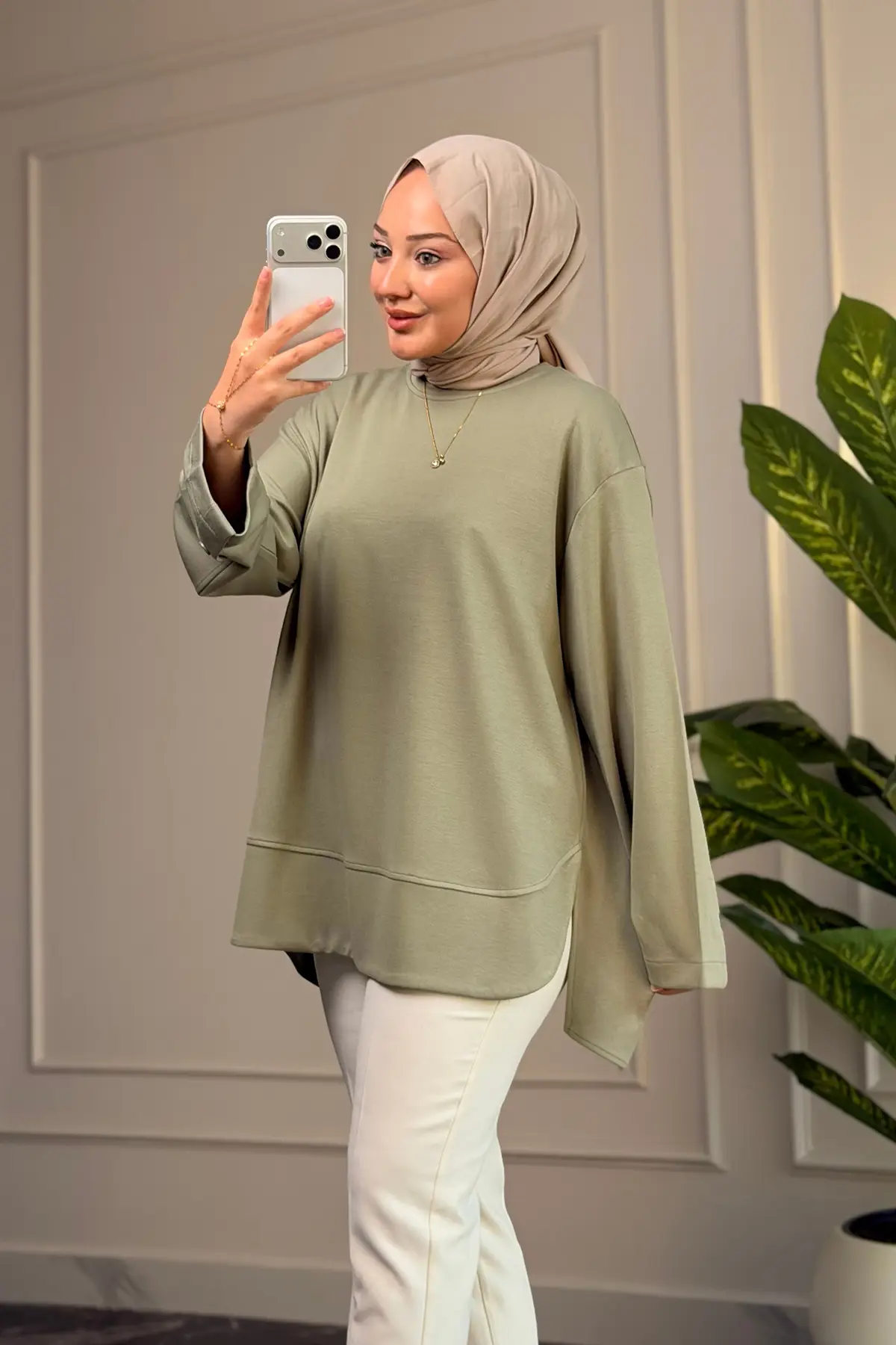 6656 - Rahat, Salaş Basic Kol Düğme Detaylı Kadın Uzun Sweatshirt - Adaçayı