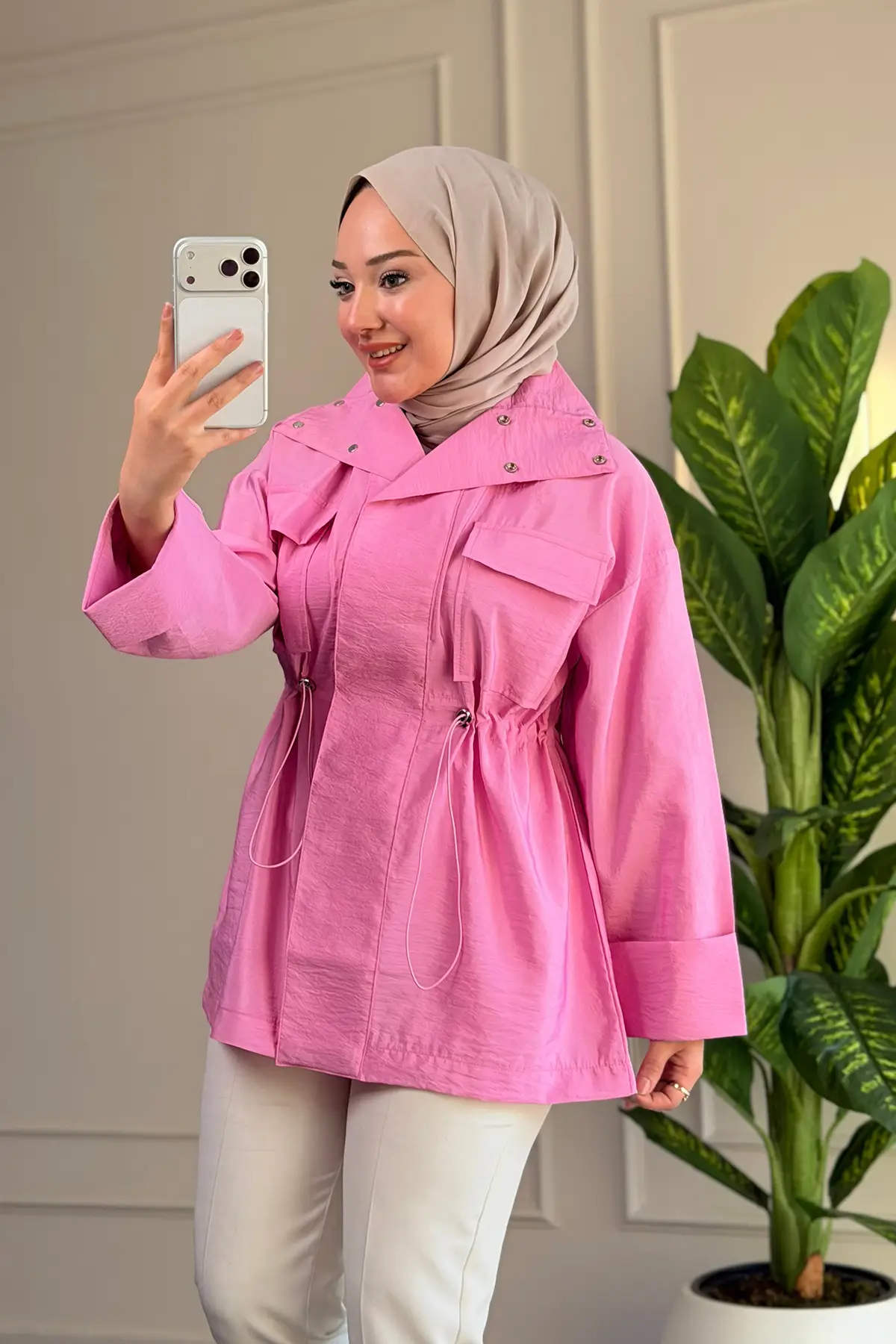 6697 - Şık Rahat Salaş Şeftali Kumaş Çıtçıtlı Yaka Detaylı Kadın Ceket - Pembe