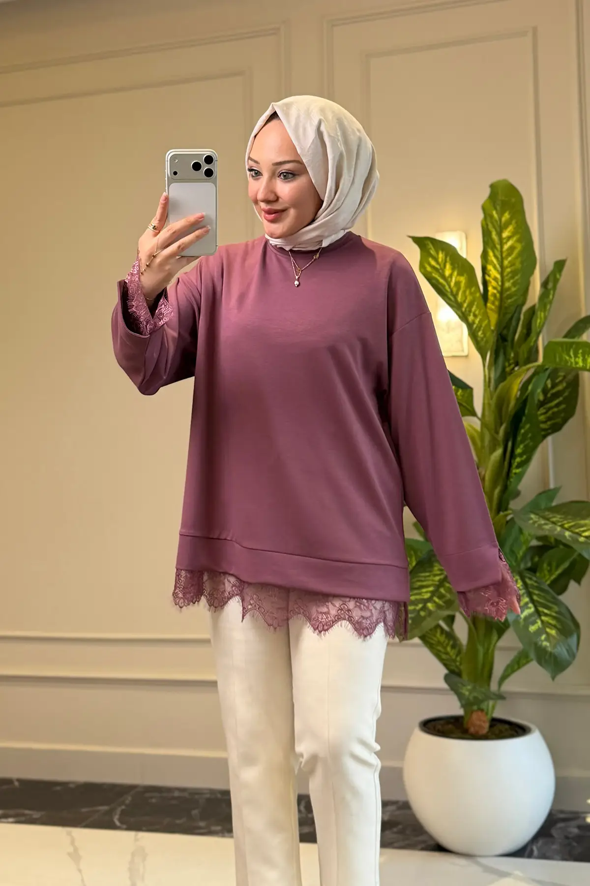6746 - Rahat, Salaş Basic Modal Yumuşak Kumaş Dantelli Kadın Uzun Sweatshirt - Mürdüm