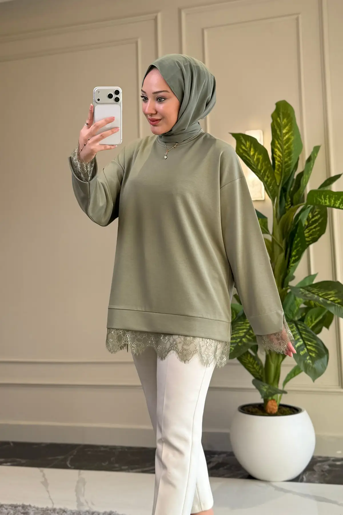 6746 - Rahat, Salaş Basic Modal Yumuşak Kumaş Dantelli Kadın Uzun Sweatshirt - AdaÇayı