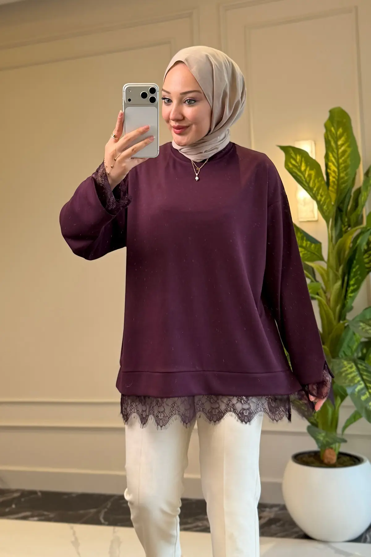 6746 - Rahat, Salaş Basic Modal Yumuşak Kumaş Dantelli Kadın Uzun Sweatshirt - Bordo