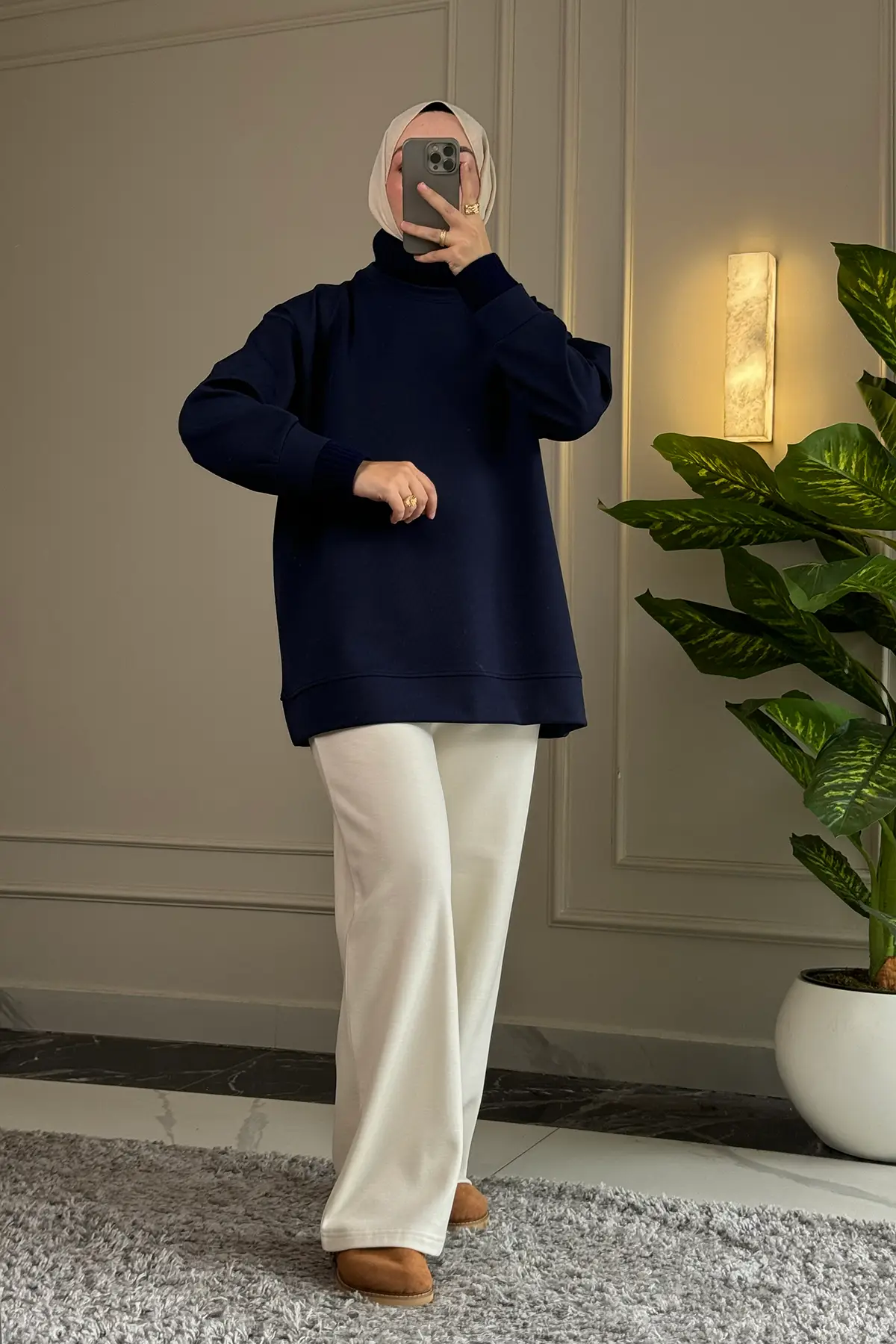 6784 Şık, Rahat Balıkçı Yaka Pamuklu Uzun Kadın Sweatshirt