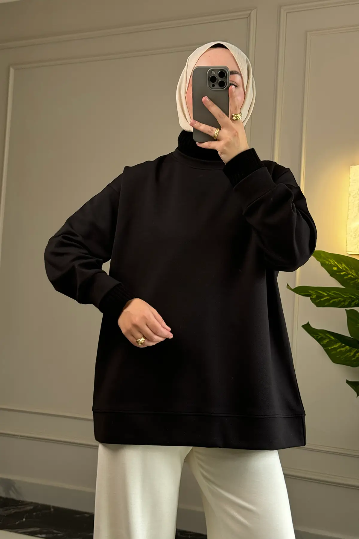 6784 Şık, Rahat Balıkçı Yaka Pamuklu Uzun Kadın Sweatshirt - Siyah