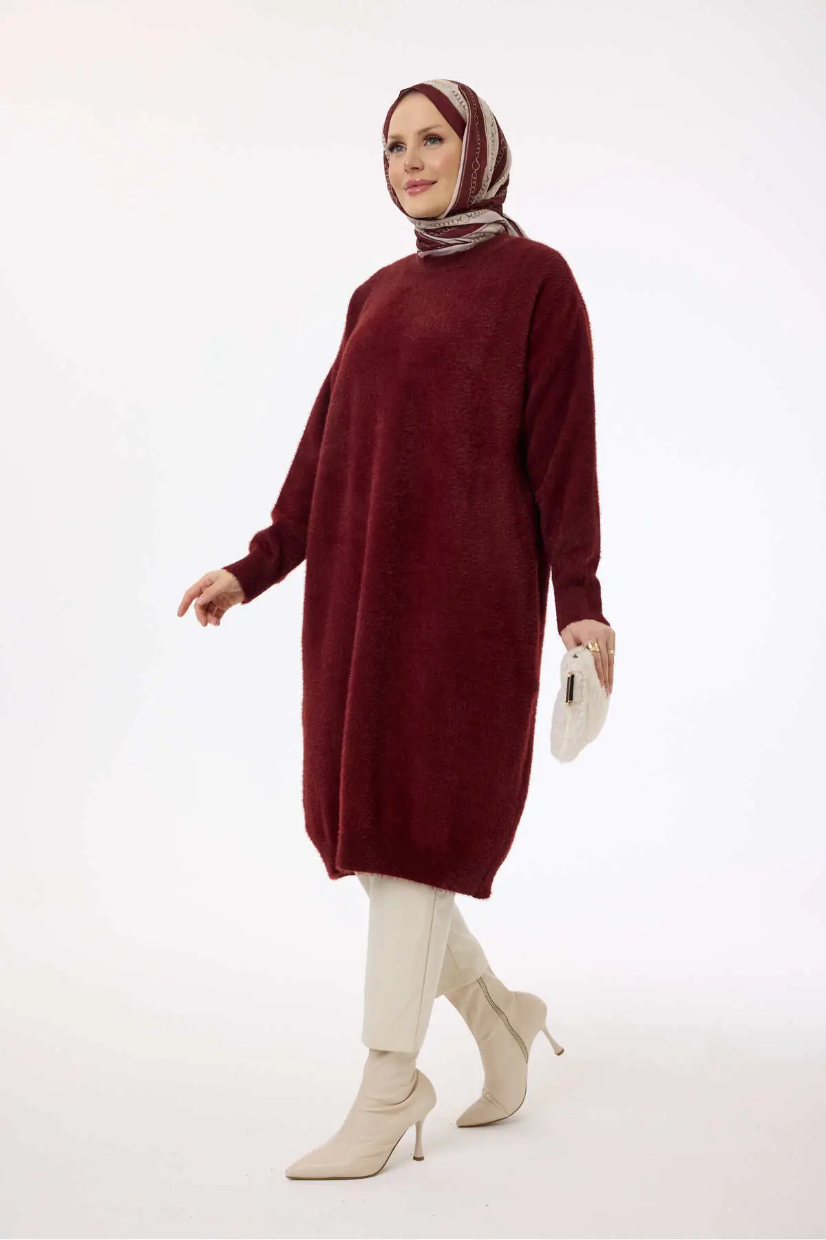 80082 - Şık,Rahat Triko Uzun Sakal İplikli Tunik - Bordo