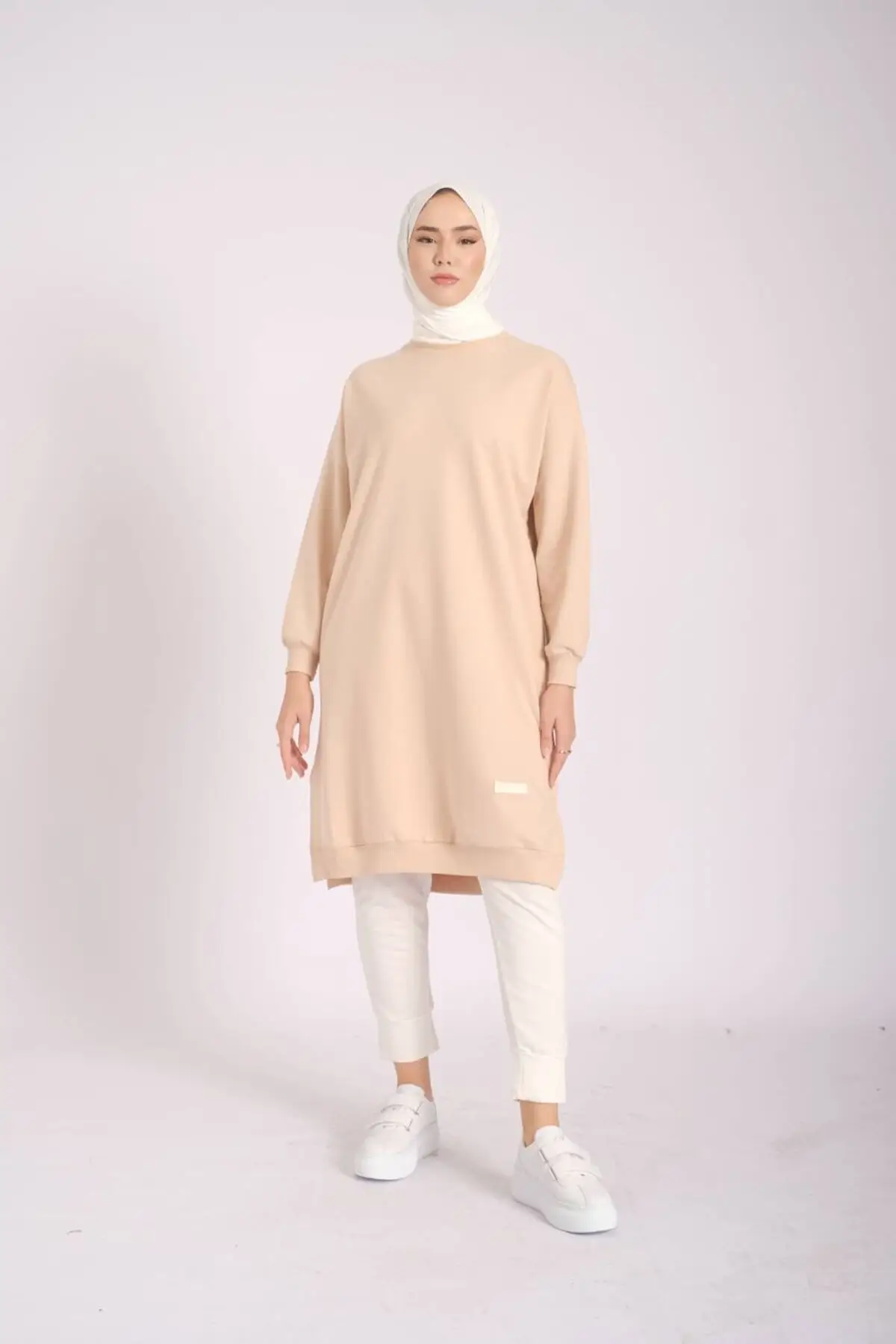 8211 - 2 İplik Basic Rahat Şık Kadın Uzun Tunik - Bej