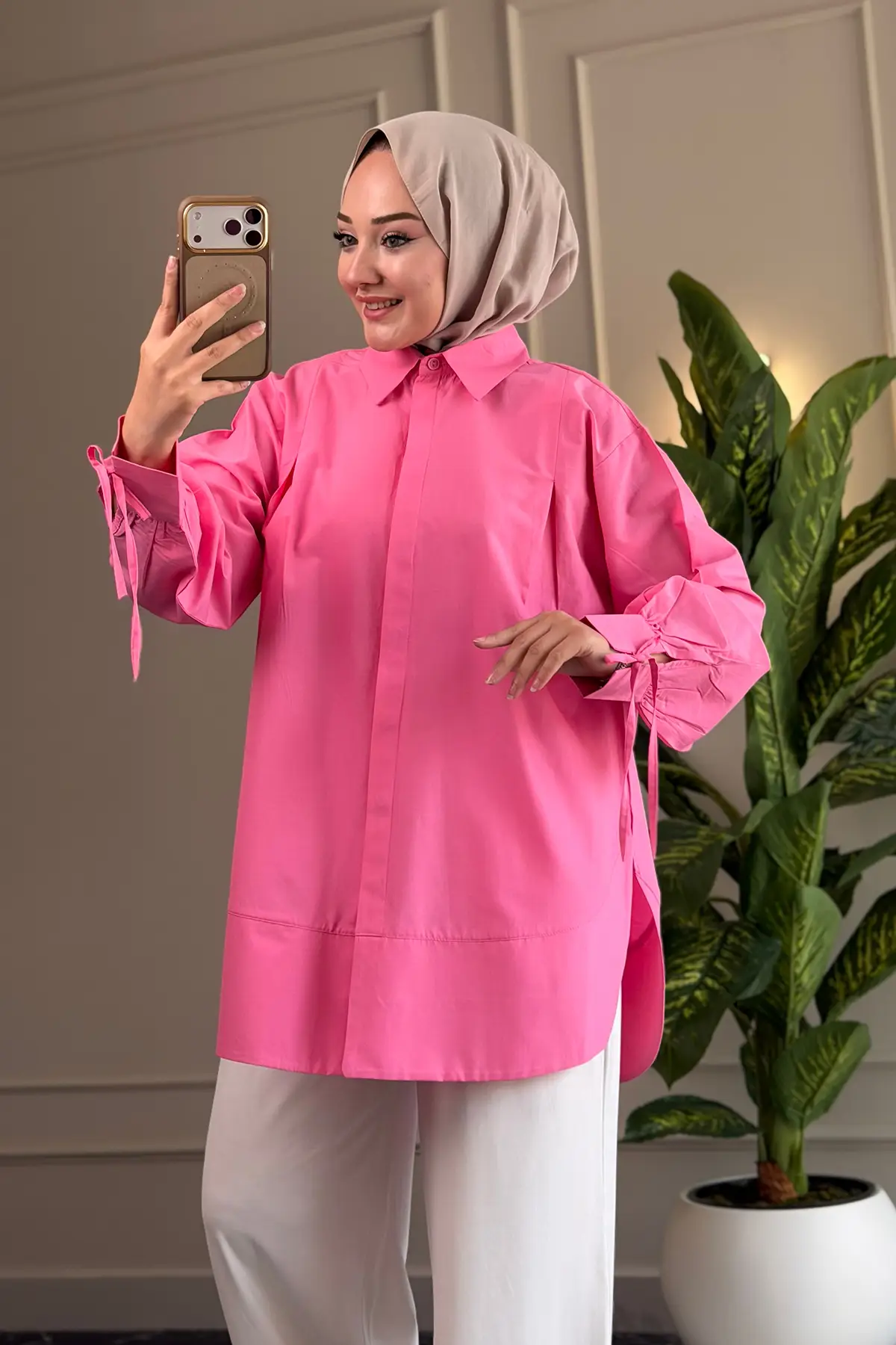 8511 - Poplin Pileli Gizli Düğmeli Kadın Gömlek