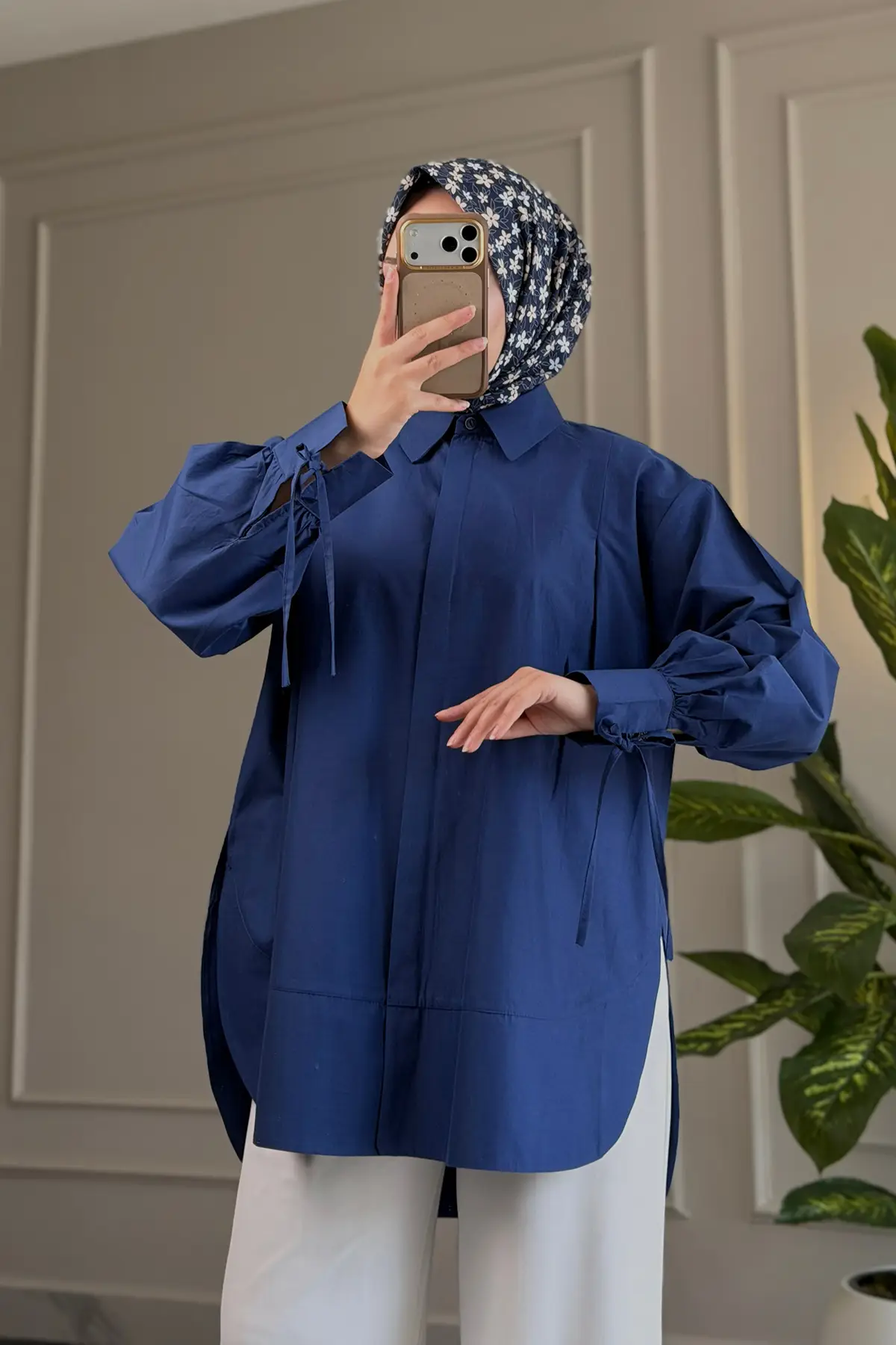 8511 - Poplin Pileli Gizli Düğmeli Kadın Gömlek - Lacivert