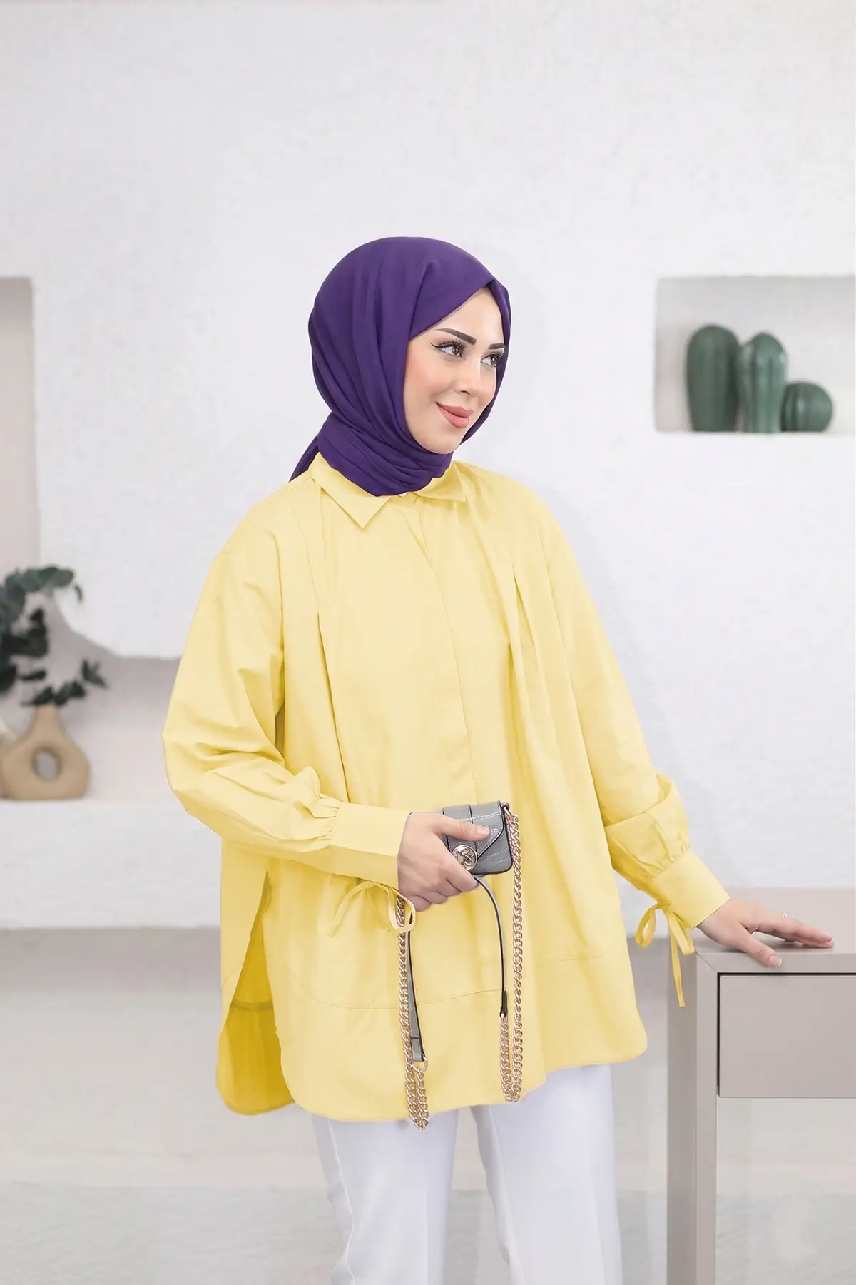 8511 - Poplin Pileli Gizli Düğmeli Kadın Gömlek - Sarı