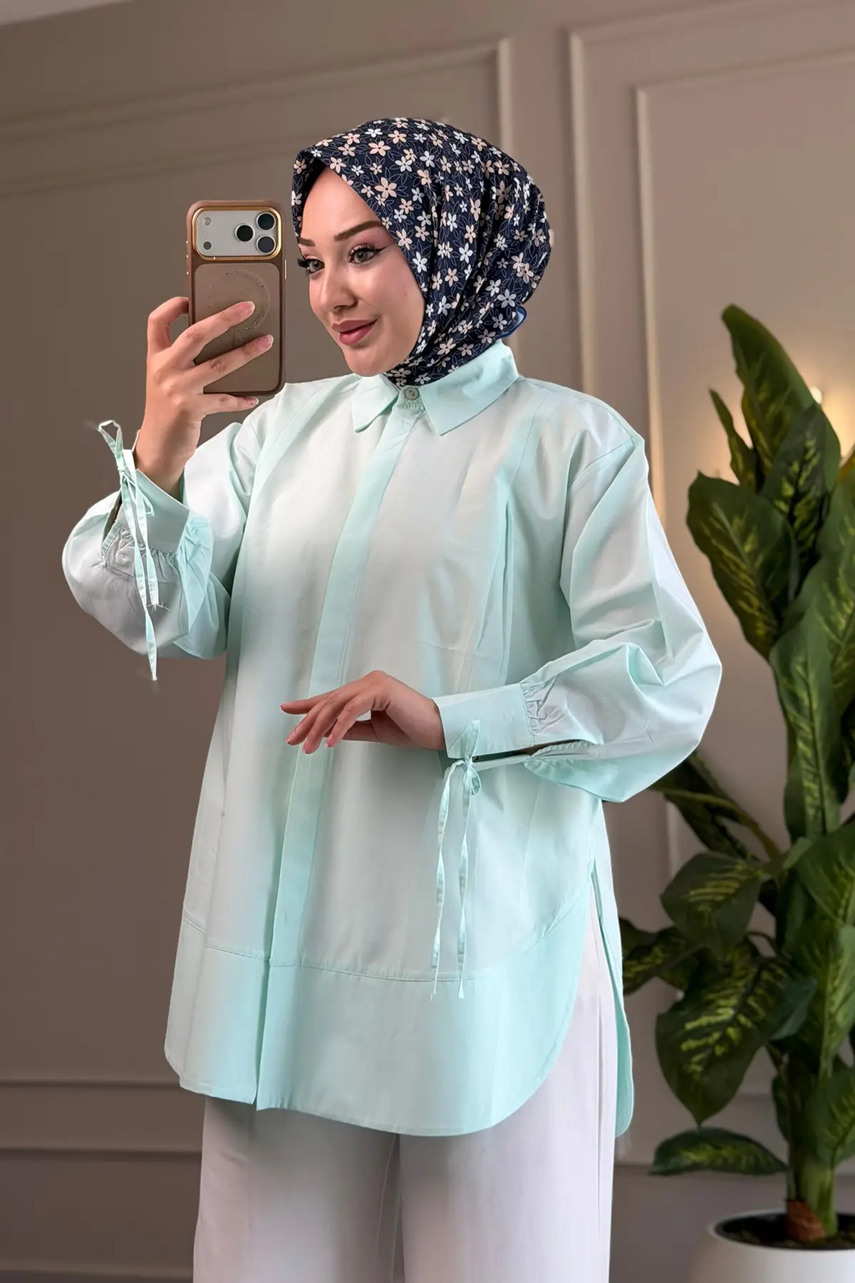 8511 - Poplin Pileli Gizli Düğmeli Kadın Gömlek - Mint