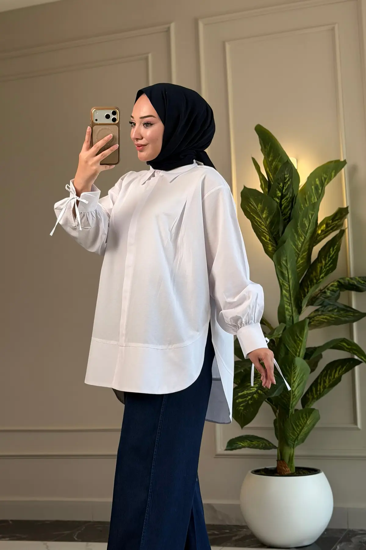 8511 - Poplin Pileli Gizli Düğmeli Kadın Gömlek - Beyaz