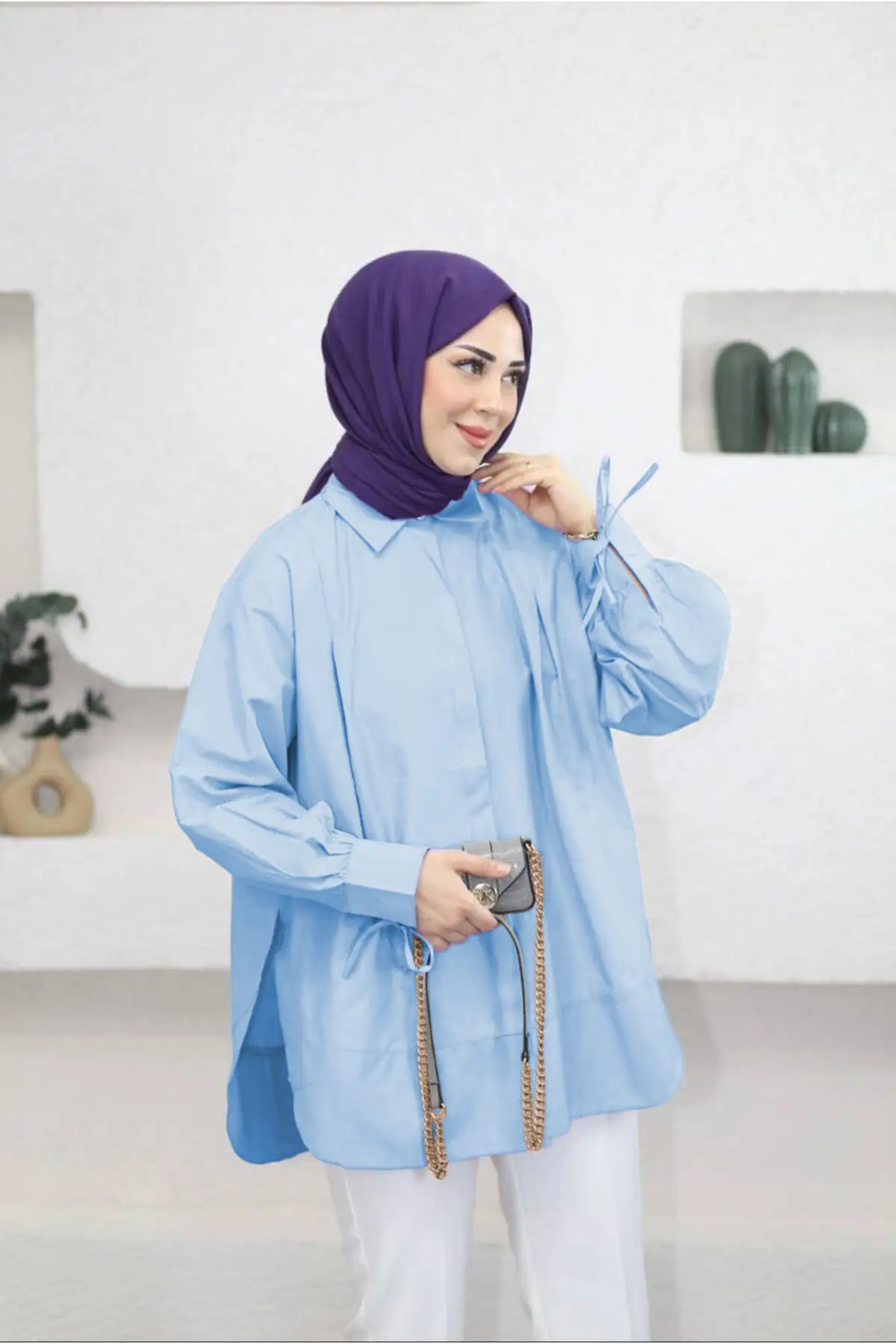 8511 - Poplin Pileli Gizli Düğmeli Kadın Gömlek - Bebe Mavi