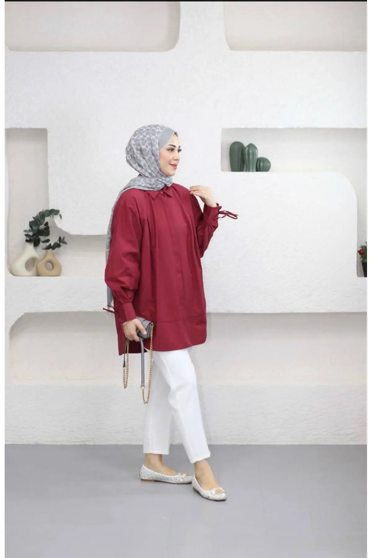 8511 - Poplin Pileli Gizli Düğmeli Kadın Gömlek - Bordo