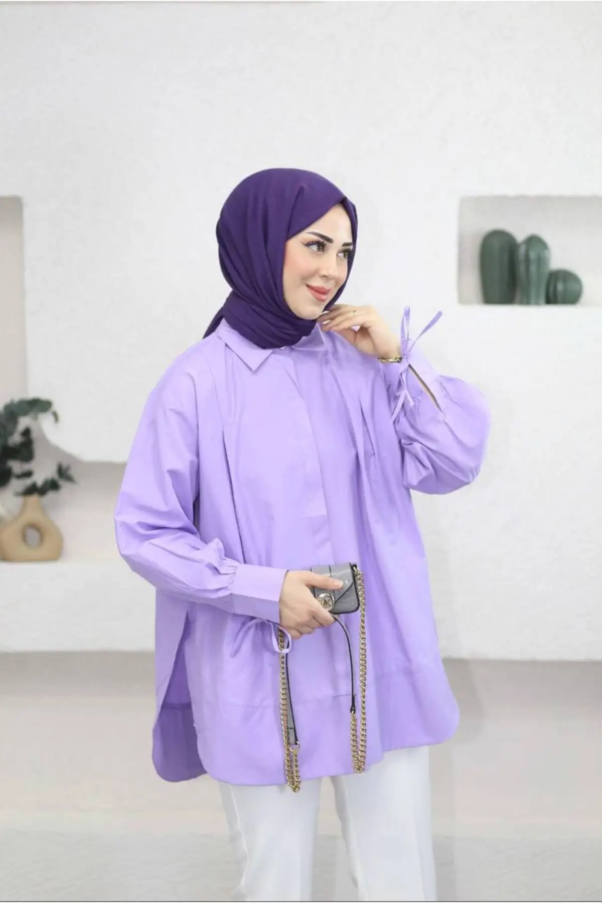 8511 - Poplin Pileli Gizli Düğmeli Kadın Gömlek - Lila