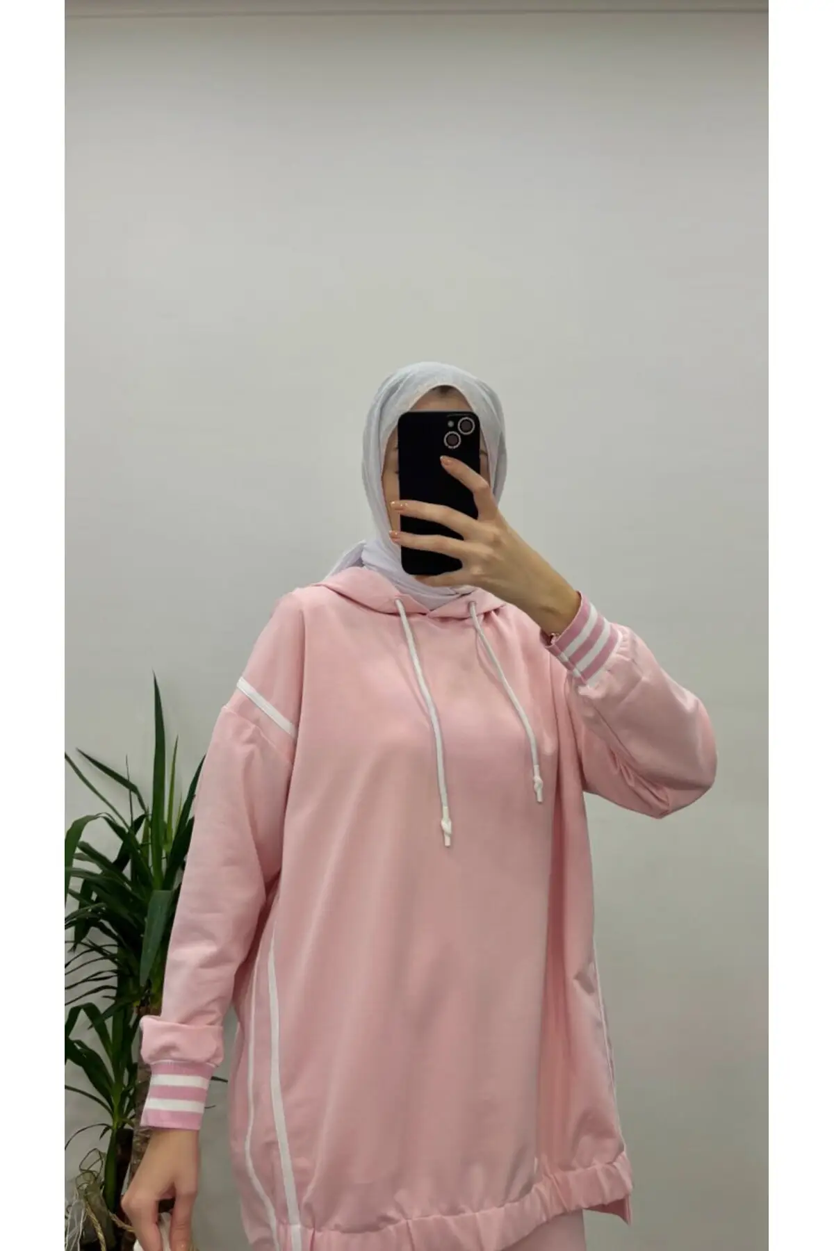 8682 - 2 İplik Balıksırtı Şeritli Rahat Şık Kadın Pantolon Sweat Takımı - Pembe