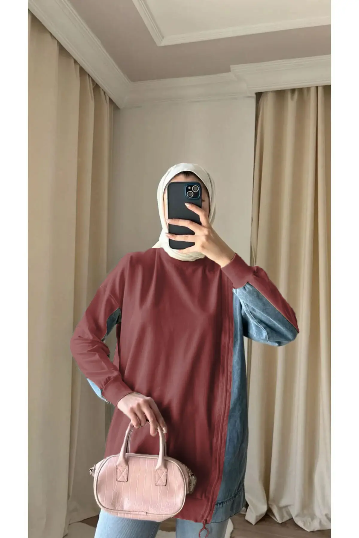 8777 - 2 Iplik Rahat, Salaş Yan Fermuarlı Kot Detaylı Kadın Uzun Sweatshirt