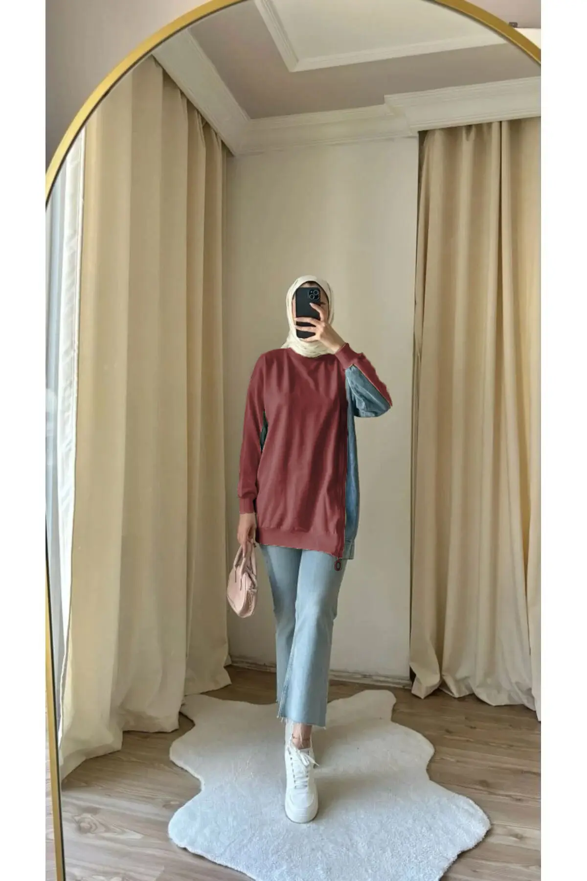 8777 - 2 Iplik Rahat, Salaş Yan Fermuarlı Kot Detaylı Kadın Uzun Sweatshirt - Bordo