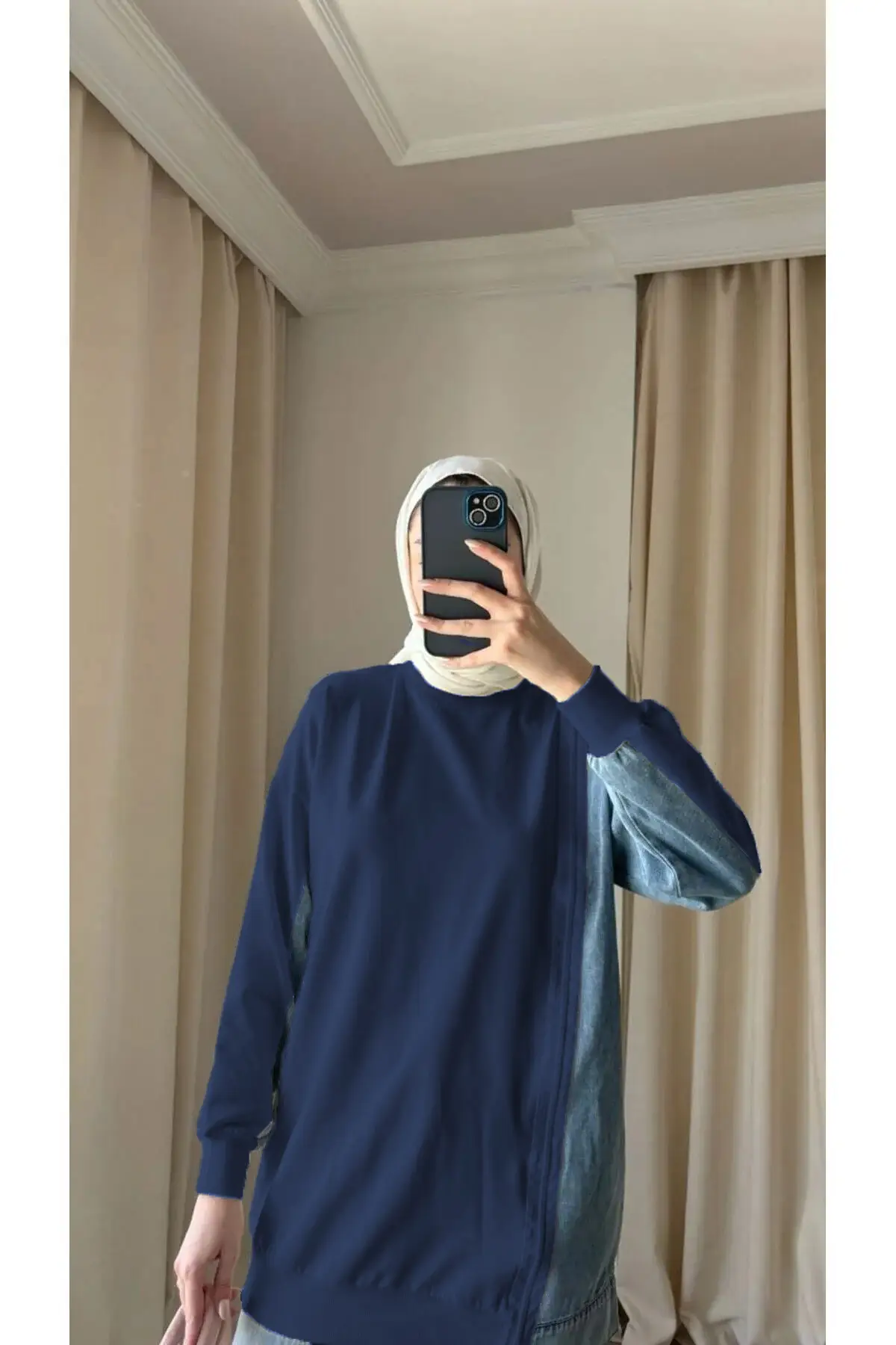 8777 - 2 Iplik Rahat, Salaş Yan Fermuarlı Kot Detaylı Kadın Uzun Sweatshirt - Lacivert