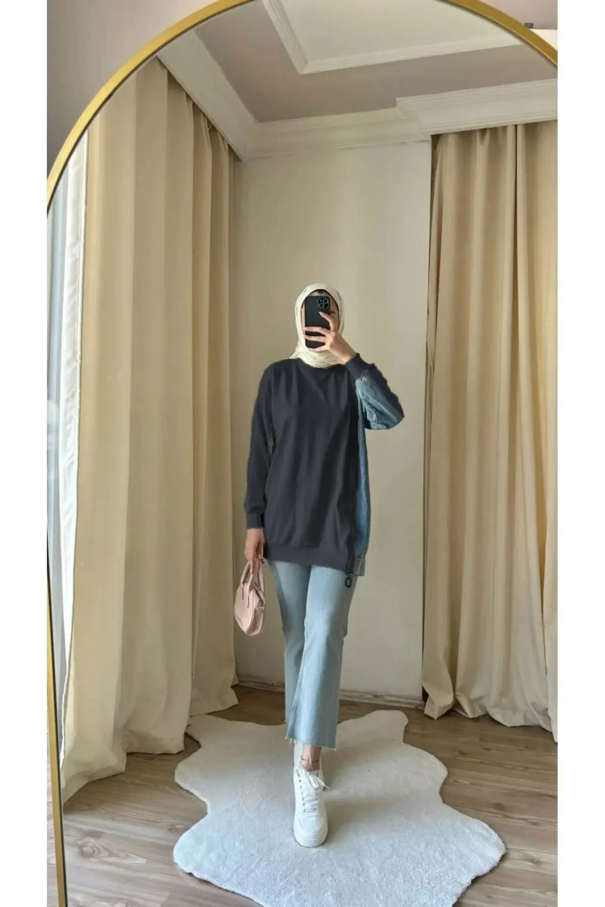 8777 - 2 Iplik Rahat, Salaş Yan Fermuarlı Kot Detaylı Kadın Uzun Sweatshirt - Füme