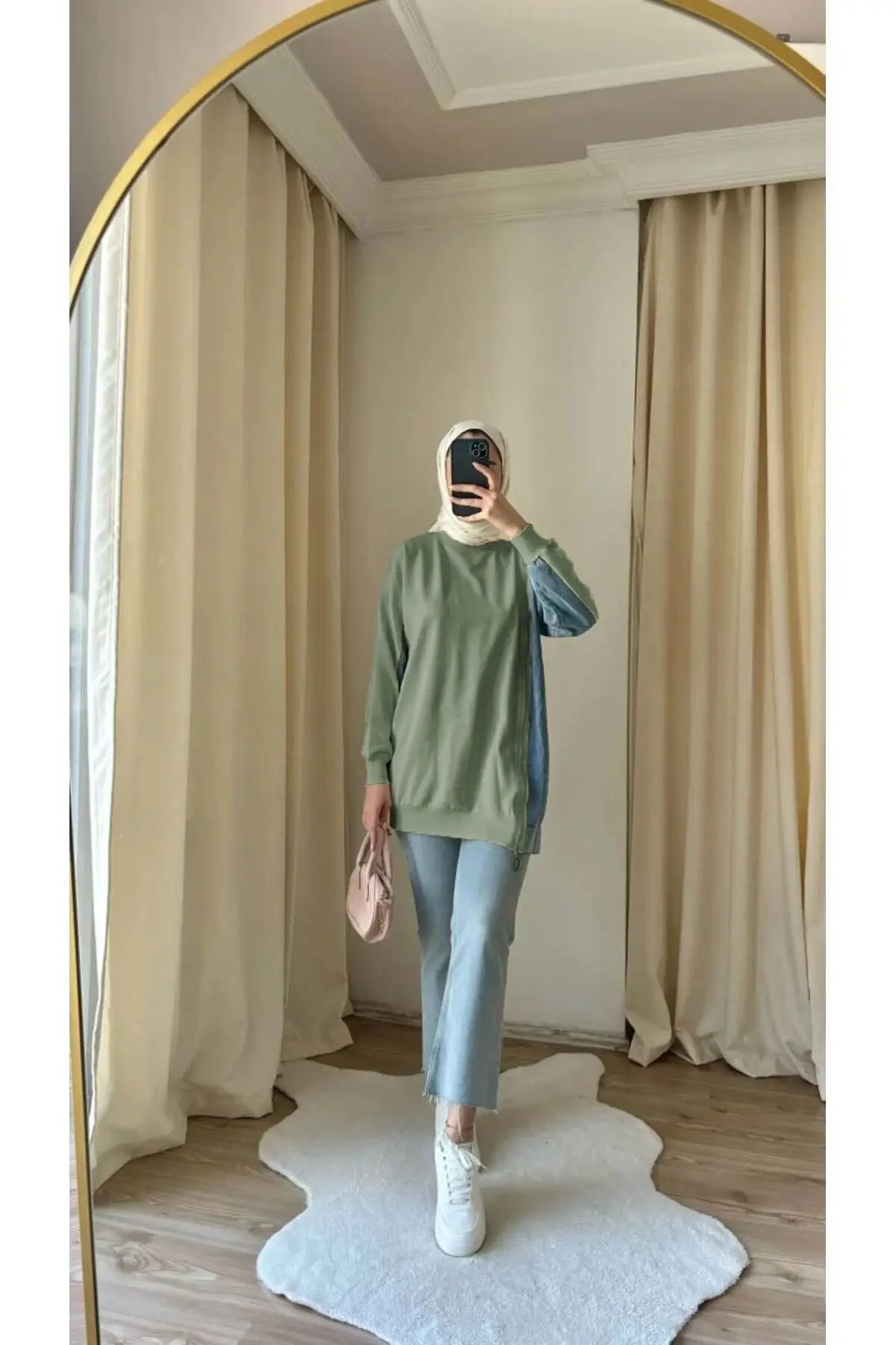 8777 - 2 Iplik Rahat, Salaş Yan Fermuarlı Kot Detaylı Kadın Uzun Sweatshirt - Aad Çayı