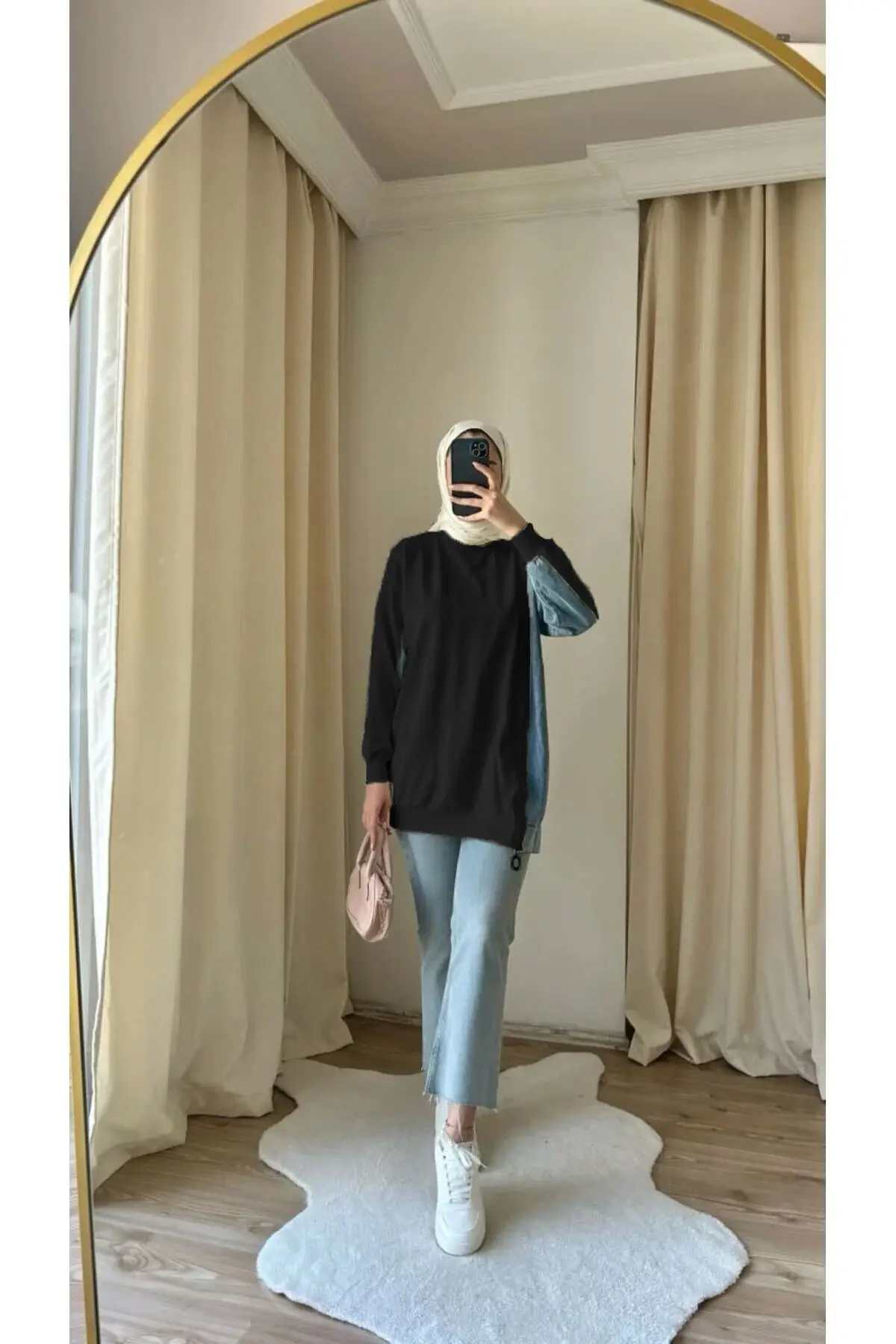 8777 - 2 Iplik Rahat, Salaş Yan Fermuarlı Kot Detaylı Kadın Uzun Sweatshirt - Siyah