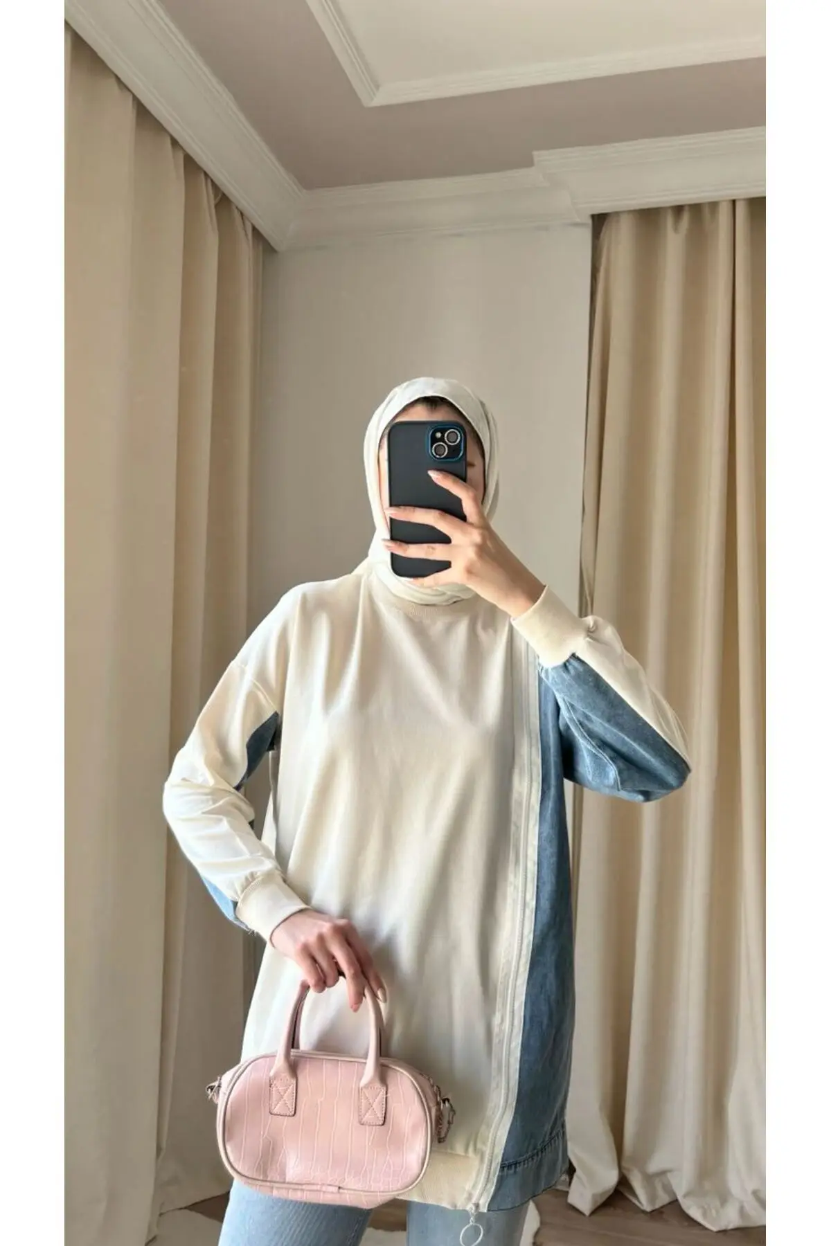 8777 - 2 Iplik Rahat, Salaş Yan Fermuarlı Kot Detaylı Kadın Uzun Sweatshirt - Ekru
