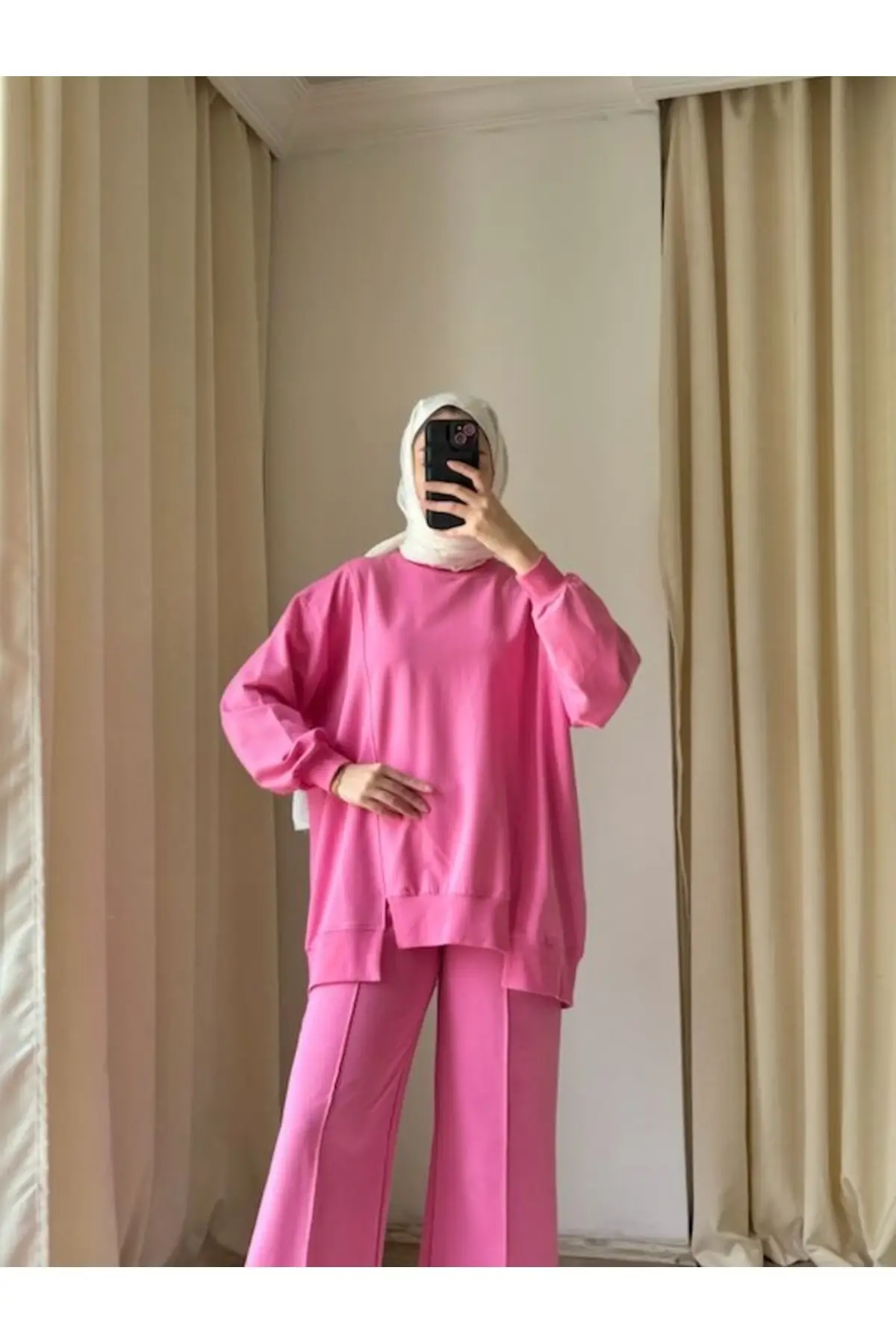 8902- 2 İplik Rahat Arkası Fermuarlı Kadın Uzun Sweatshirt - Pembe