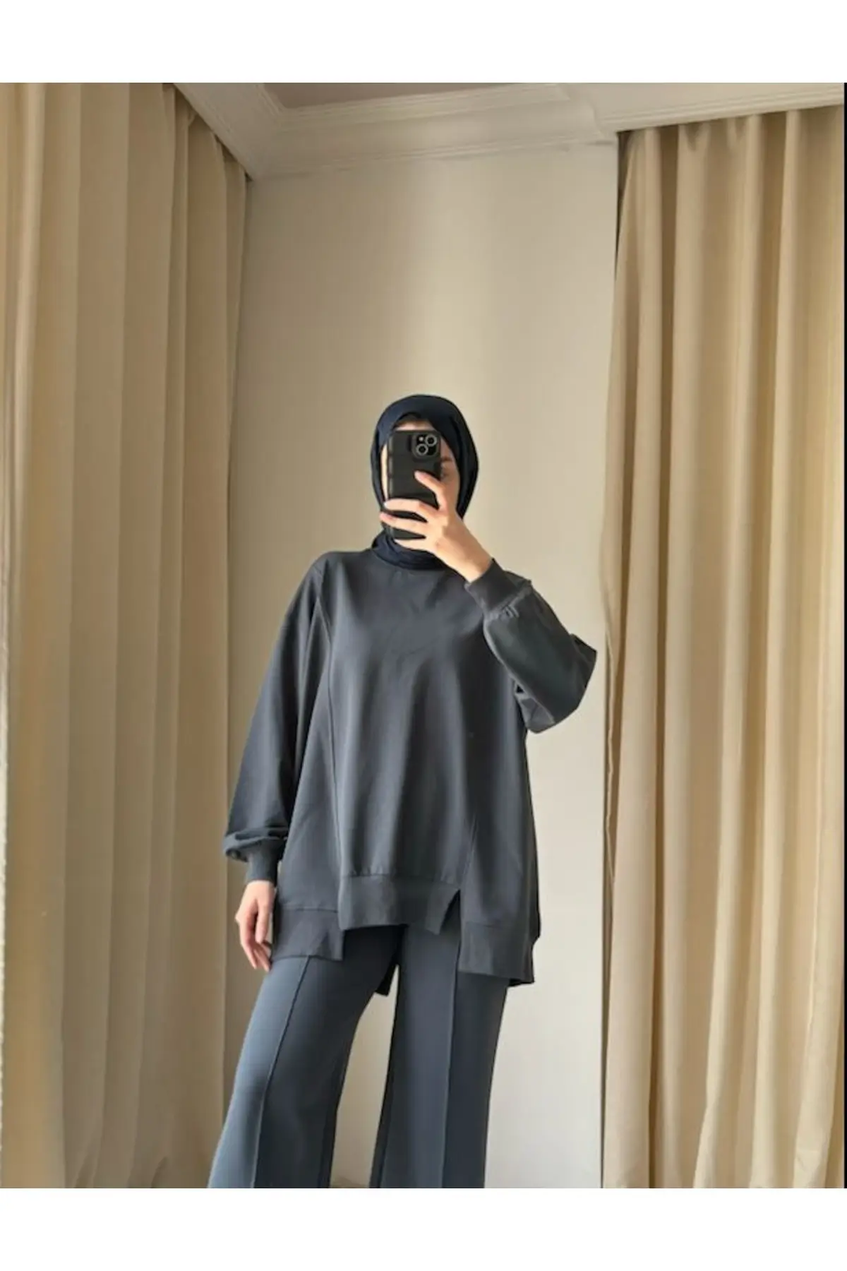 8902- 2 İplik Rahat Arkası Fermuarlı Kadın Uzun Sweatshirt - Antrasit