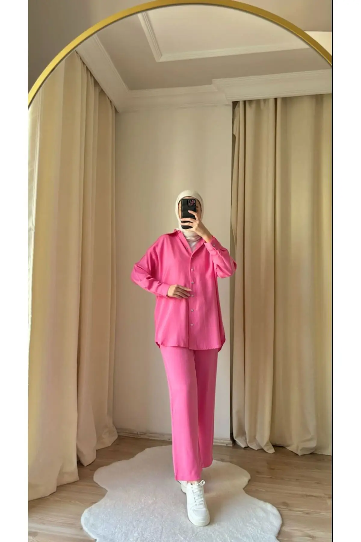 8995 - Şık Rahat Kadın Kumaş Pantolon Gömlek Takımı - Pembe
