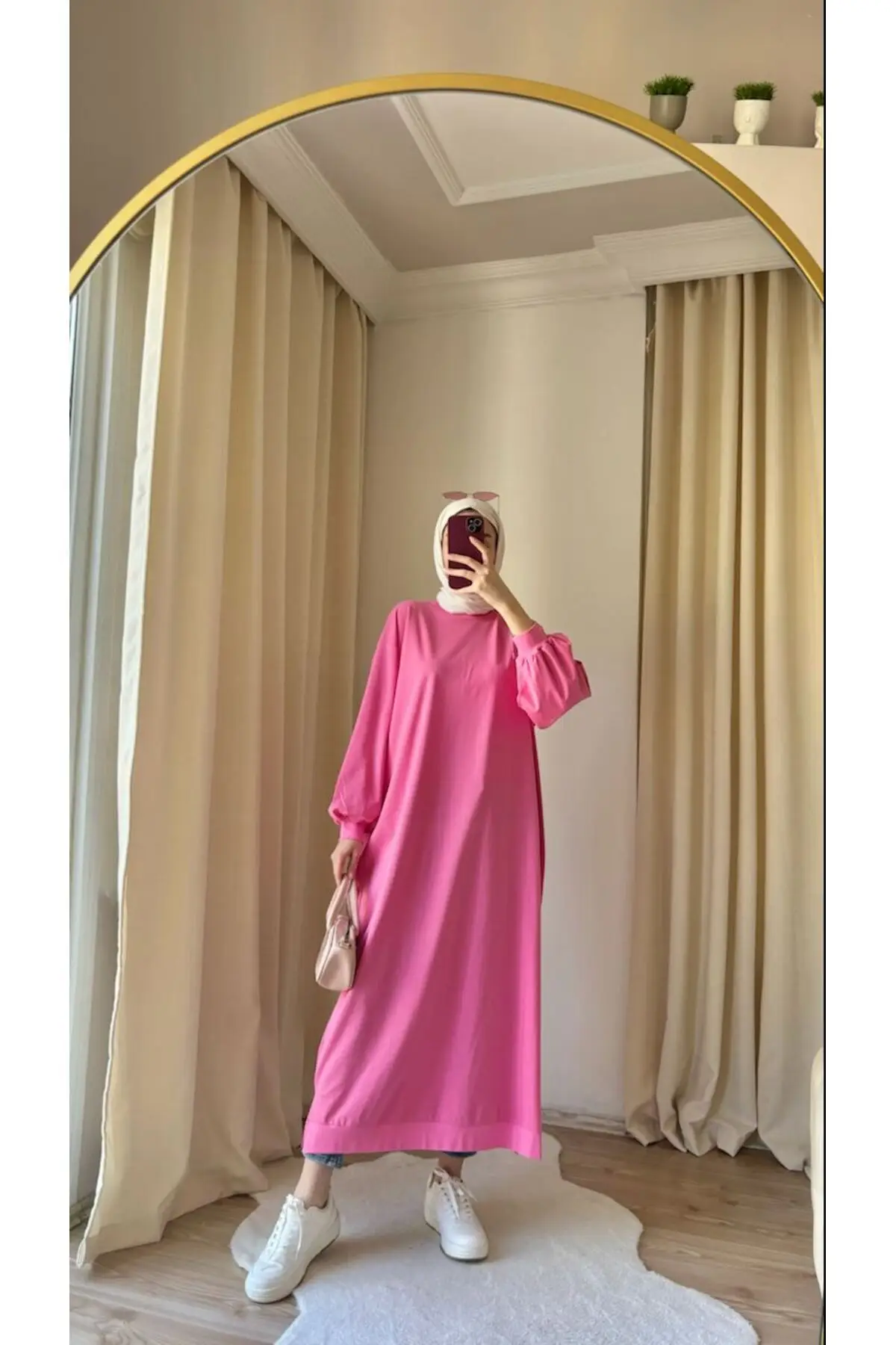 9023 - Şık Rahat Milano Kumaş Boydan Kadın Elbise - Pembe